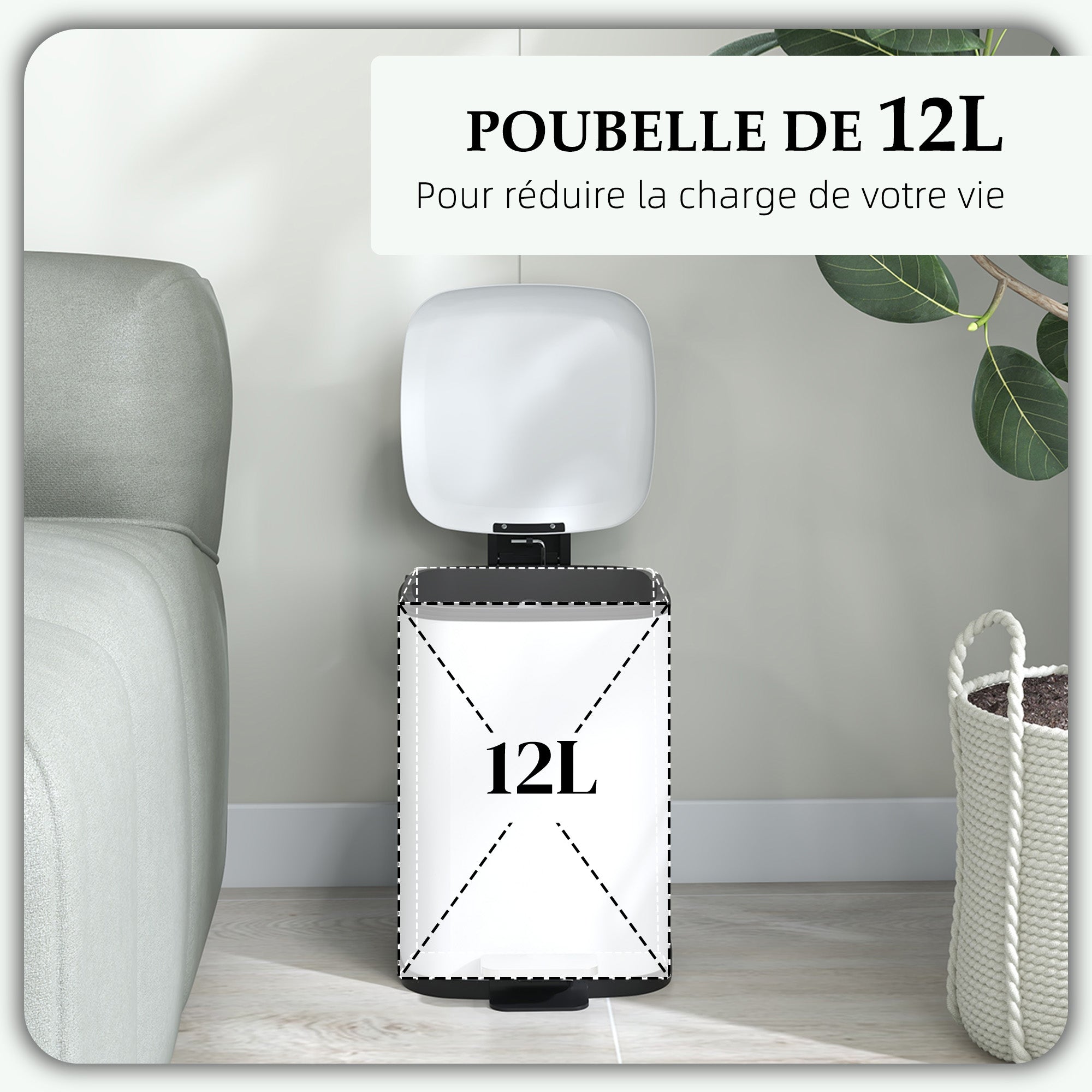 12L White Kitchen Trash Can with Soft-Close Lid, Pedal, Fingerprint-Proof, and Removable Inner Bucket