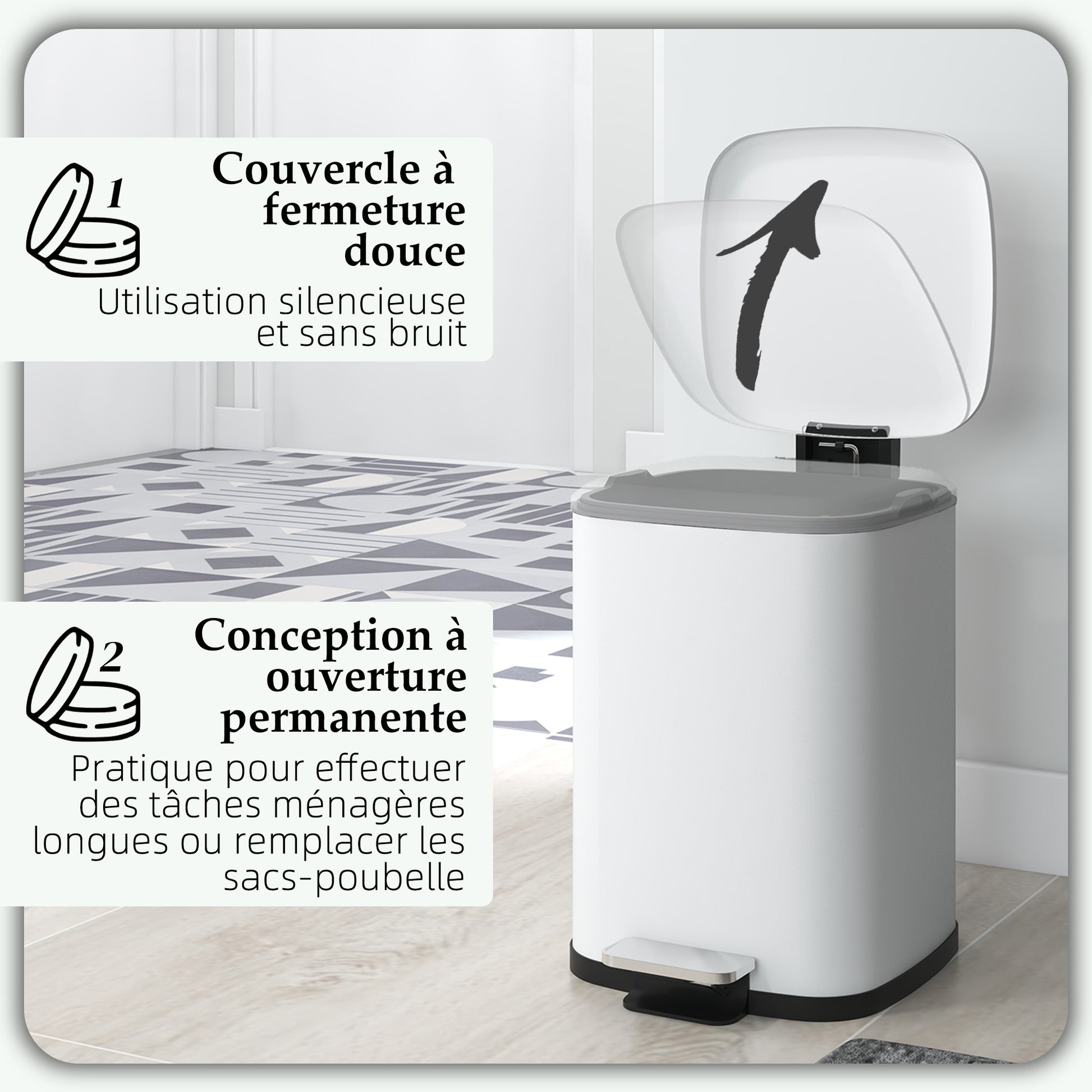 12L White Kitchen Trash Can with Soft-Close Lid, Pedal, Fingerprint-Proof, and Removable Inner Bucket