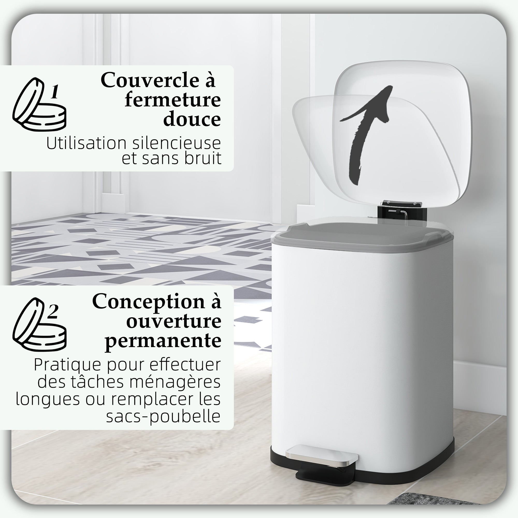 12L White Kitchen Trash Can with Soft-Close Lid, Pedal, Fingerprint-Proof, and Removable Inner Bucket