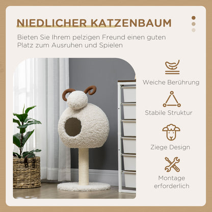 Cat Tree, 80 cm, Cat Tree with Cat Cave, Cat Scratching Post in Goat Design, Climbing Tree with Sisal Pole and Plush Frame, Cat Furniture, Cream White