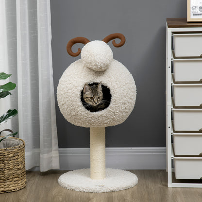 Cat Tree, 80 cm, Cat Tree with Cat Cave, Cat Scratching Post in Goat Design, Climbing Tree with Sisal Pole and Plush Frame, Cat Furniture, Cream White