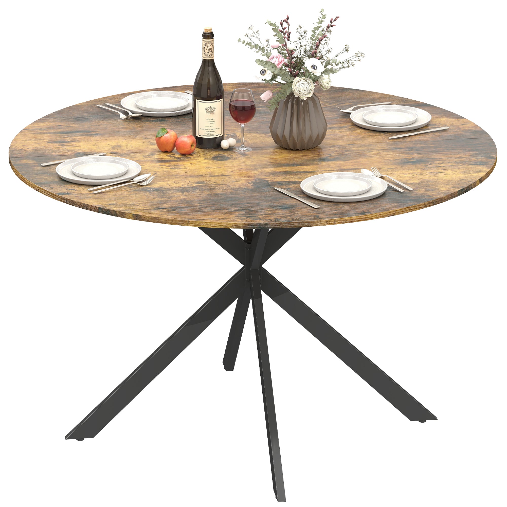 Round Dining Table for 4, Ø120 cm (47.2") Industrial Style with Steel X-Legs, Rustic Brown