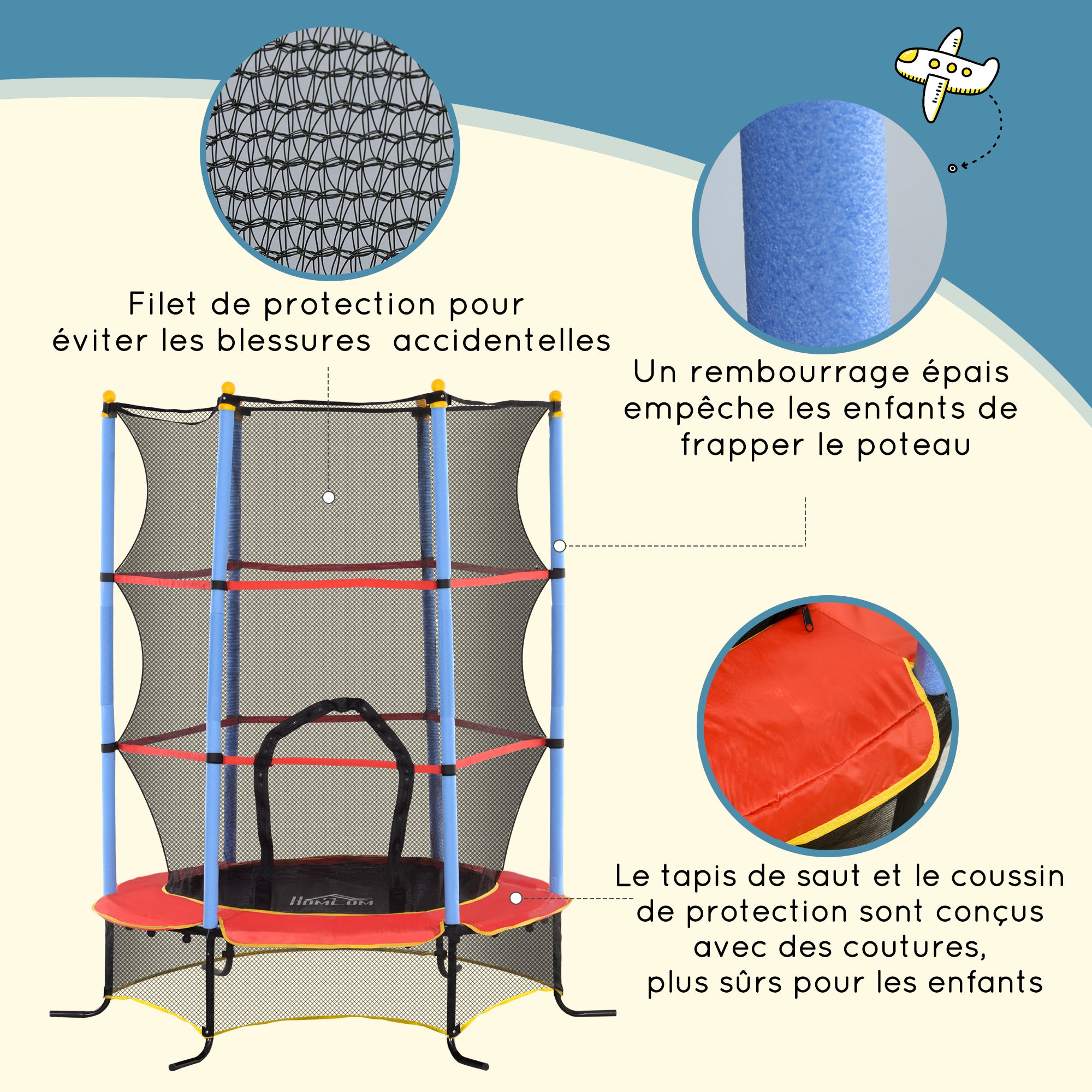 Children's Trampoline Ø 1.75 × 1.90H m Safety Net Zippered Door Spring Cover 6 Padded Poles Included Black Red Blue