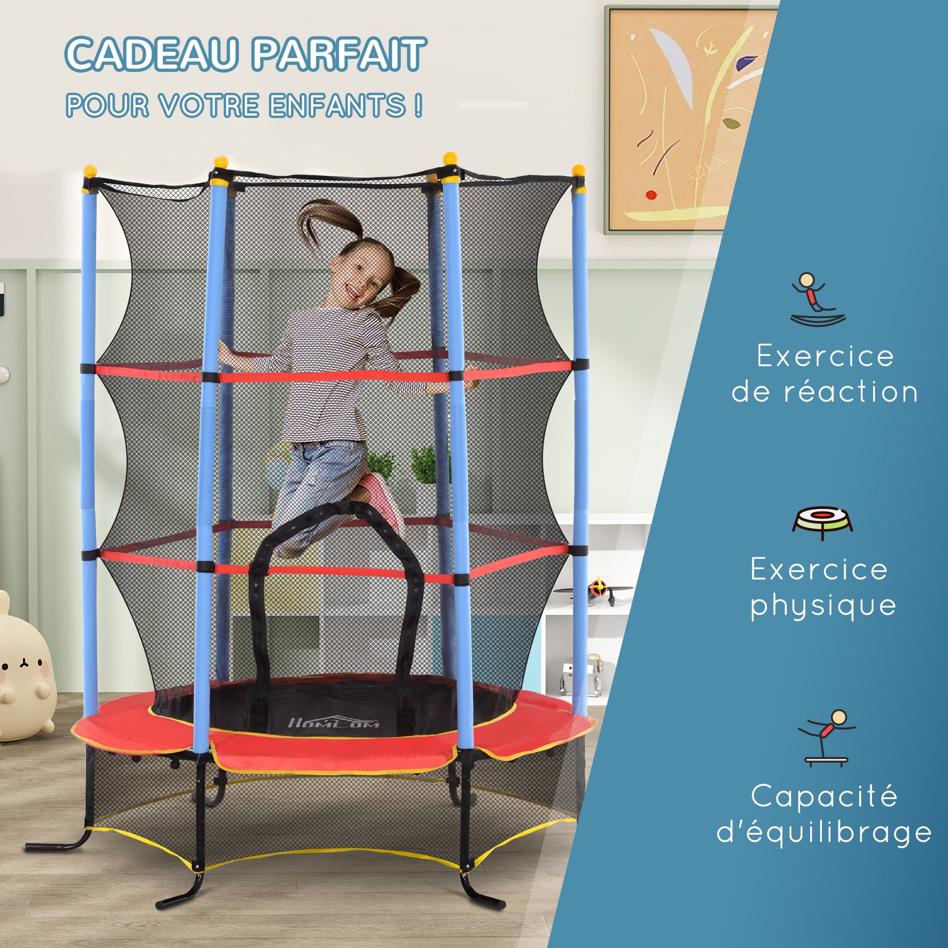 Children's Trampoline Ø 1.75 × 1.90H m Safety Net Zippered Door Spring Cover 6 Padded Poles Included Black Red Blue