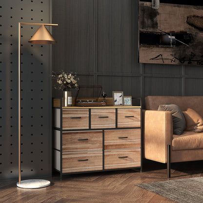 7 Drawer Chest Fabric Folding Drawer Storage Unit - Black Steel Frame - 98 x 29 x 85 cm, Bedroom, Entryway, Living Room, Black and Natural