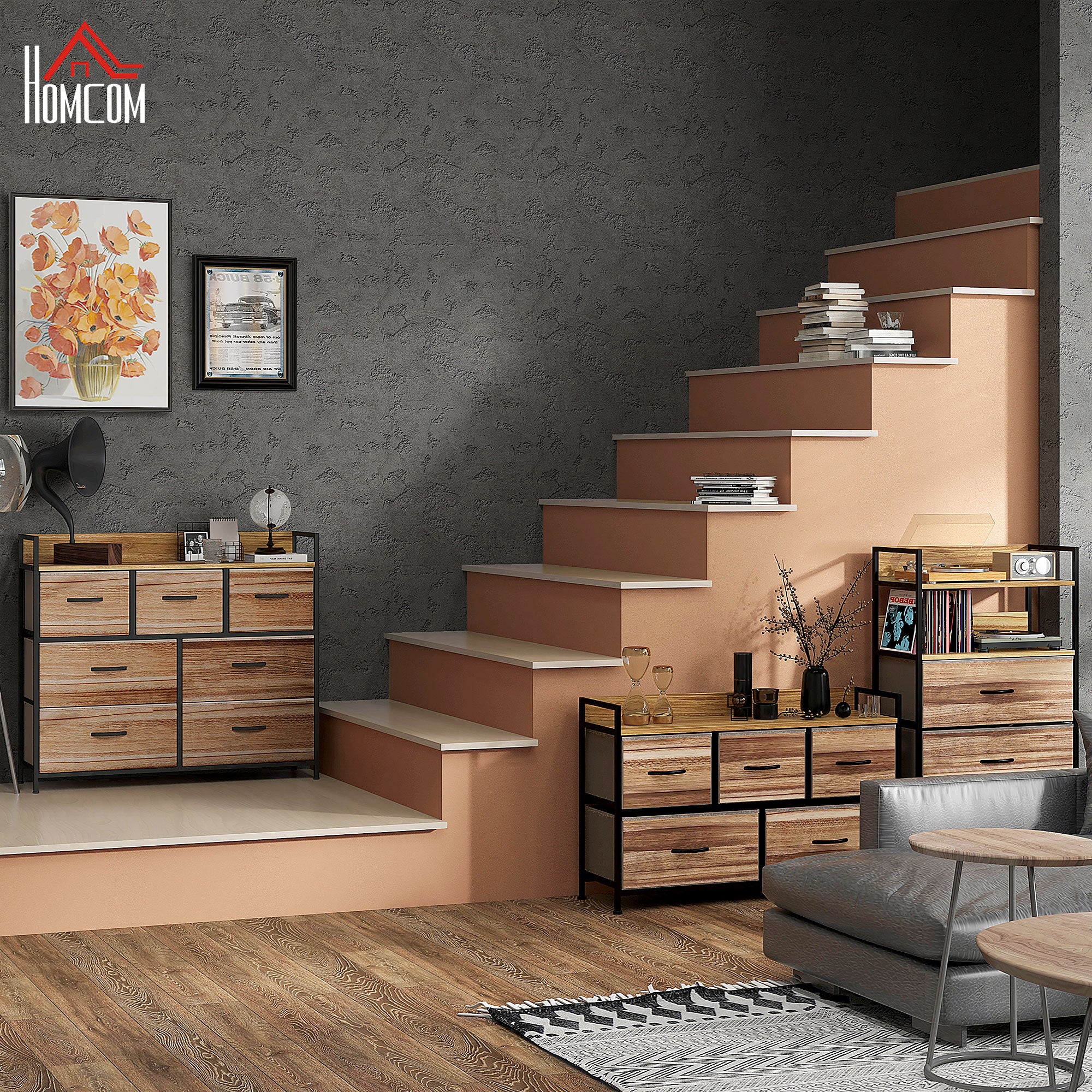 7 Drawer Chest Fabric Folding Drawer Storage Unit - Black Steel Frame - 98 x 29 x 85 cm, Bedroom, Entryway, Living Room, Black and Natural
