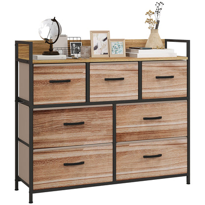 7 Drawer Chest Fabric Folding Drawer Storage Unit - Black Steel Frame - 98 x 29 x 85 cm, Bedroom, Entryway, Living Room, Black and Natural