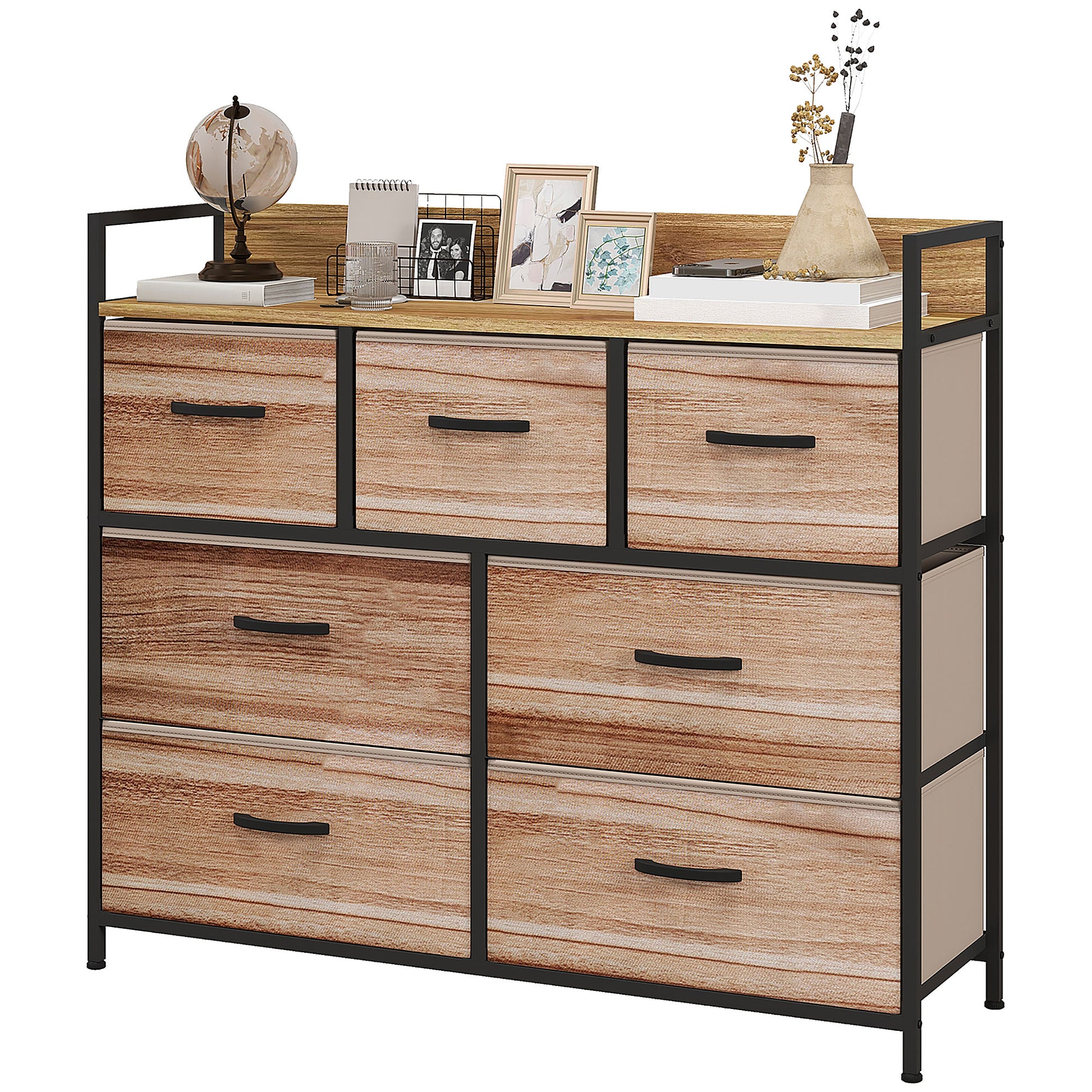 7 Drawer Chest Fabric Folding Drawer Storage Unit - Black Steel Frame - 98 x 29 x 85 cm, Bedroom, Entryway, Living Room, Black and Natural