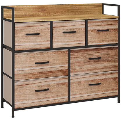 7 Drawer Chest Fabric Folding Drawer Storage Unit - Black Steel Frame - 98 x 29 x 85 cm, Bedroom, Entryway, Living Room, Black and Natural