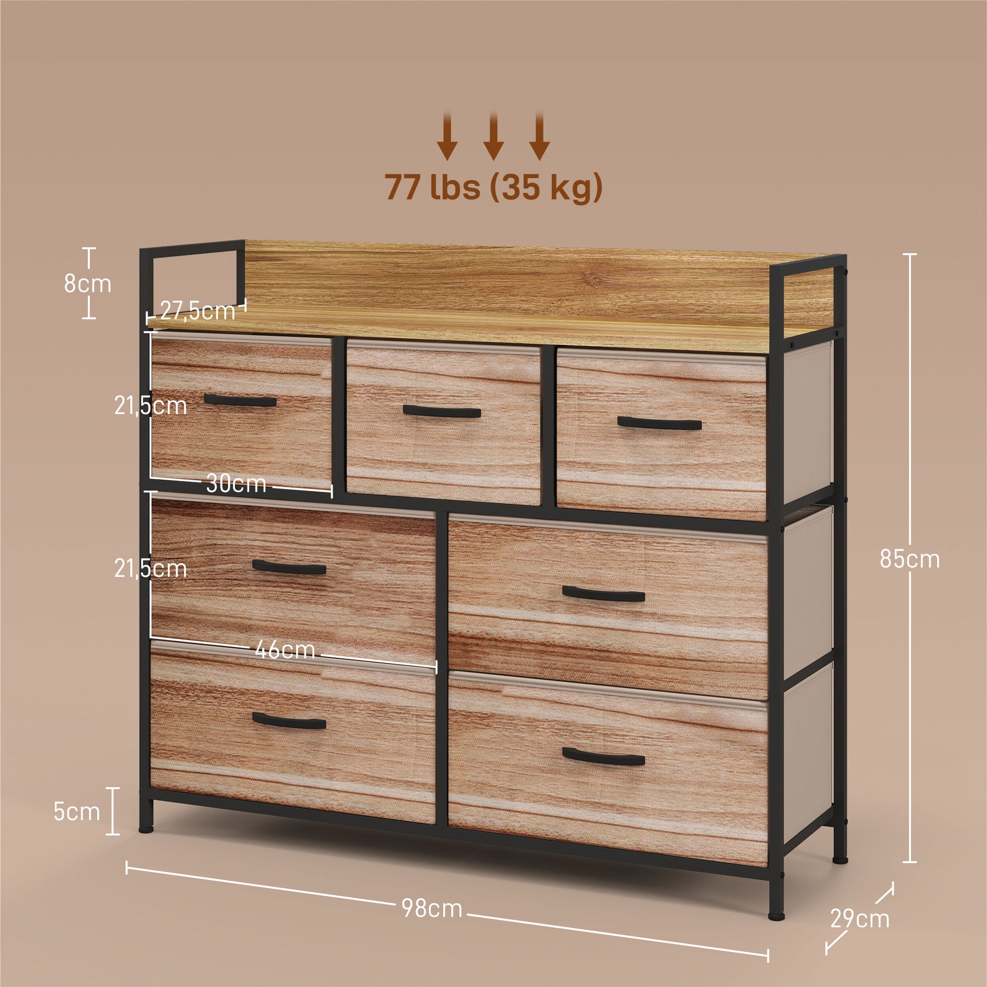 7 Drawer Chest Fabric Folding Drawer Storage Unit - Black Steel Frame - 98 x 29 x 85 cm, Bedroom, Entryway, Living Room, Black and Natural
