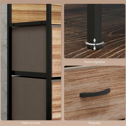 7 Drawer Chest Fabric Folding Drawer Storage Unit - Black Steel Frame - 98 x 29 x 85 cm, Bedroom, Entryway, Living Room, Black and Natural