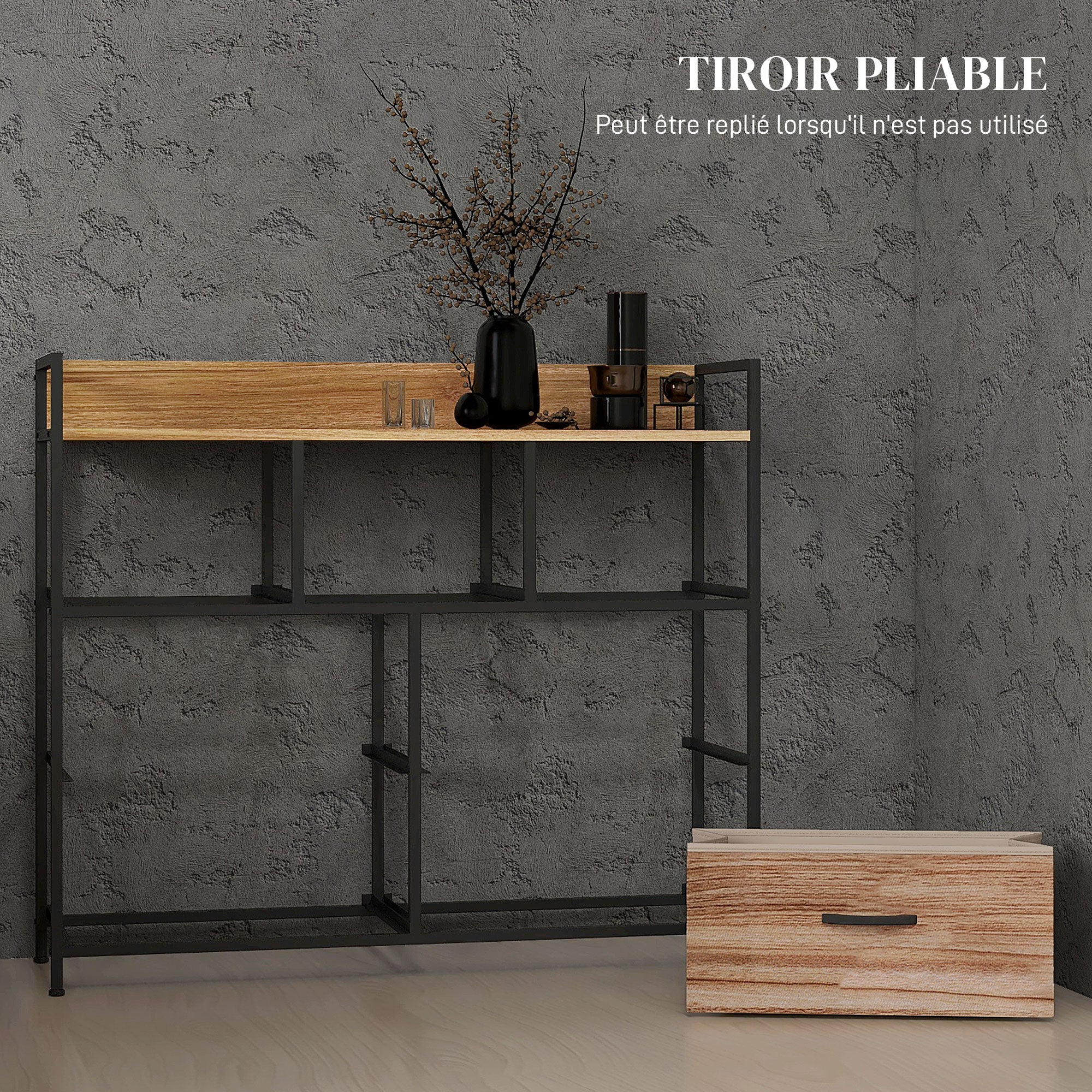 7 Drawer Chest Fabric Folding Drawer Storage Unit - Black Steel Frame - 98 x 29 x 85 cm, Bedroom, Entryway, Living Room, Black and Natural