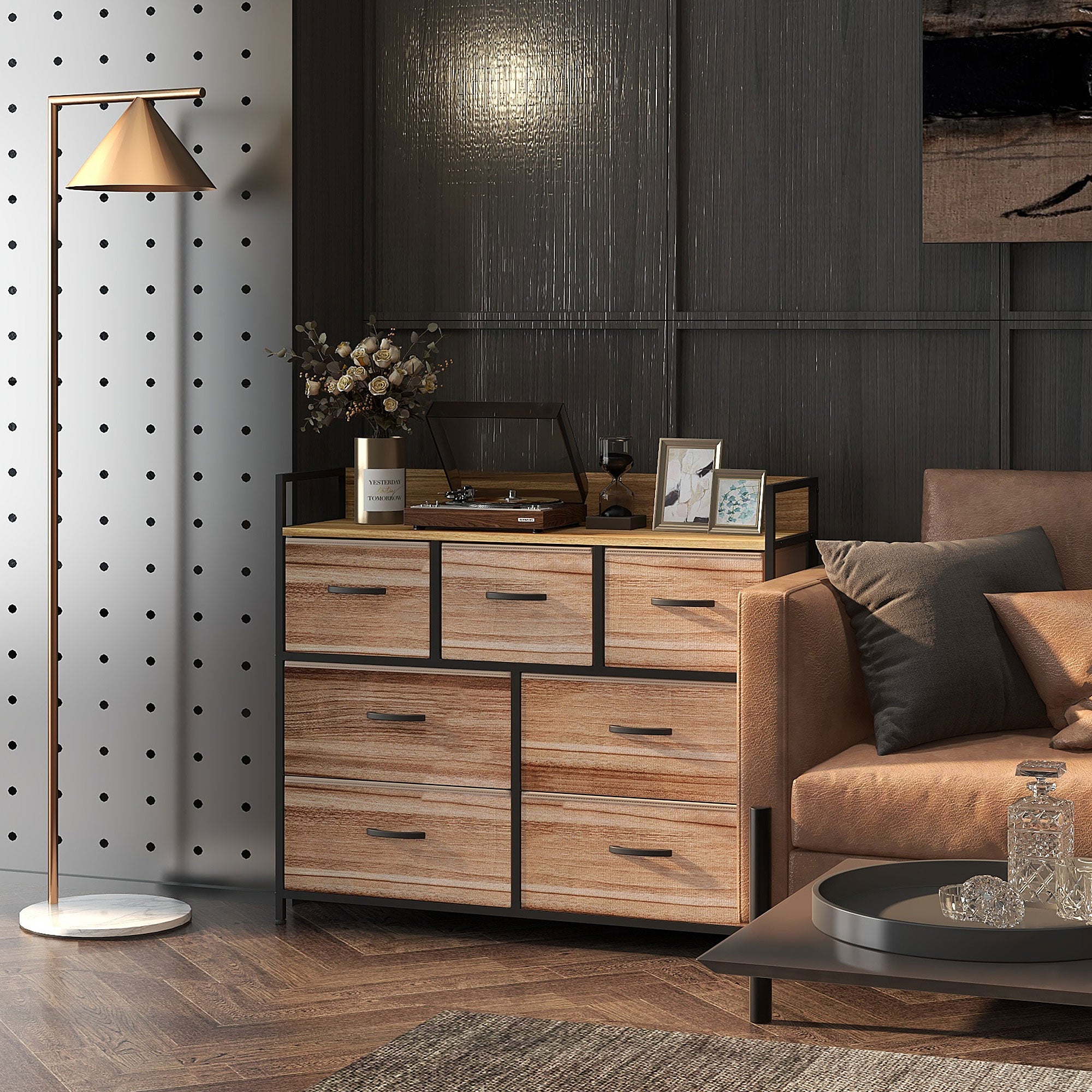 7 Drawer Chest Fabric Folding Drawer Storage Unit - Black Steel Frame - 98 x 29 x 85 cm, Bedroom, Entryway, Living Room, Black and Natural