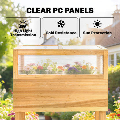 Raised Wooden Planter with Cold Frame – Elevated Garden Bed with Hinged Cover & Storage Shelf, Ergonomic Flower/Vegetable Bed for Garden & Balcony, 31.5 x 17.7 x 42.7 in (80 x 45 x 108.5 cm), Natural Wood