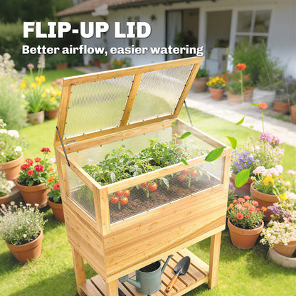 Raised Wooden Planter with Cold Frame – Elevated Garden Bed with Hinged Cover & Storage Shelf, Ergonomic Flower/Vegetable Bed for Garden & Balcony, 31.5 x 17.7 x 42.7 in (80 x 45 x 108.5 cm), Natural Wood