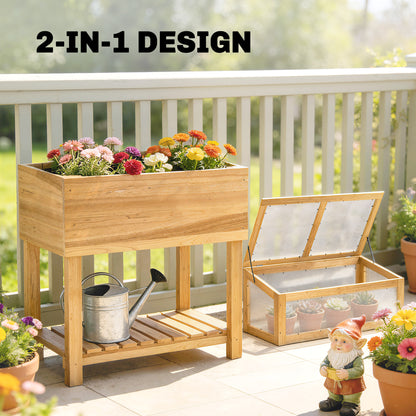 Raised Wooden Planter with Cold Frame – Elevated Garden Bed with Hinged Cover & Storage Shelf, Ergonomic Flower/Vegetable Bed for Garden & Balcony, 31.5 x 17.7 x 42.7 in (80 x 45 x 108.5 cm), Natural Wood