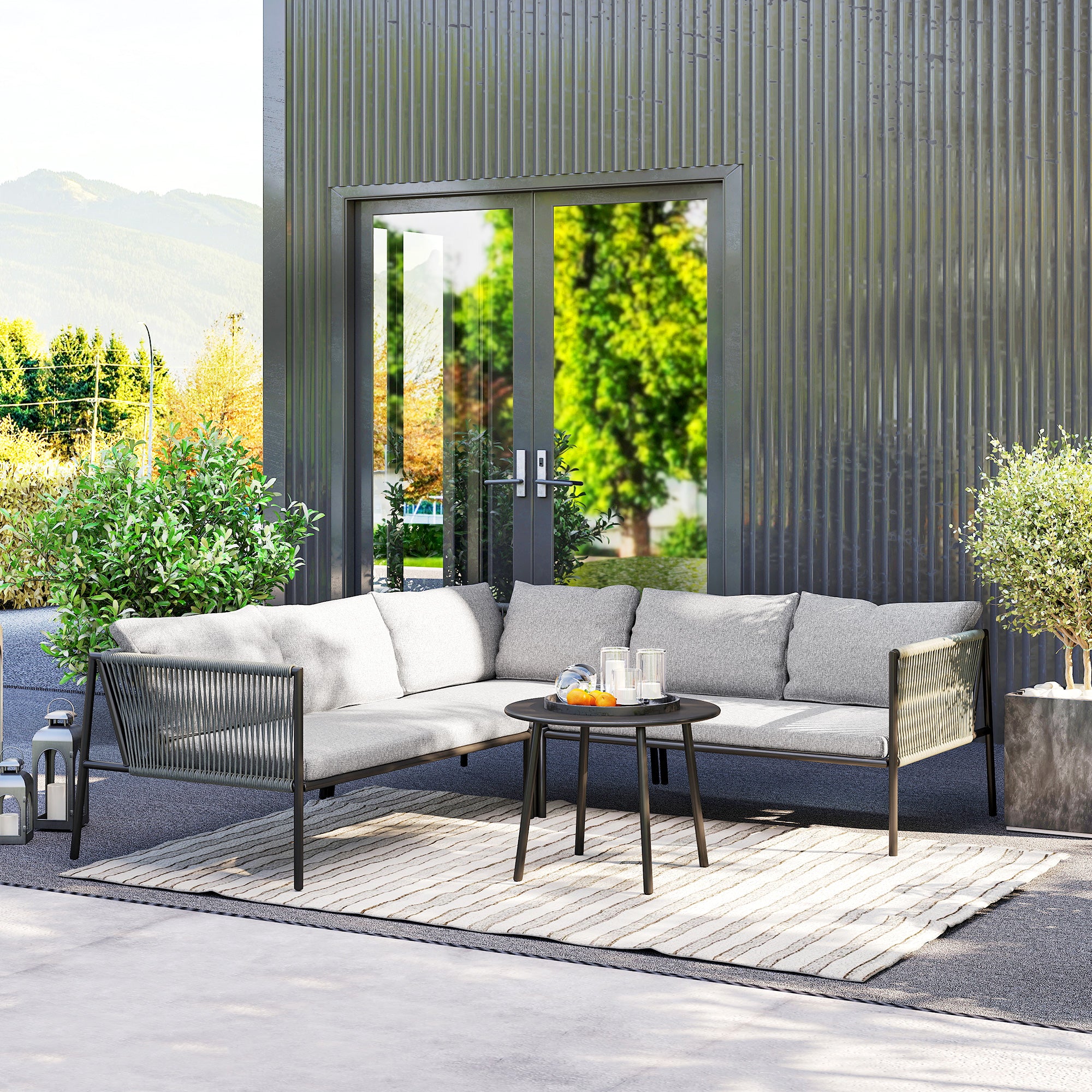 Garden Furniture Set Polyrattan Lounge Set with Corner Sofa Table Cushions Weatherproof Seating Group for 6 Persons Outdoor Balcony Furniture Garden Lounge Terrace Furniture for Garden Balcony Dark Gray