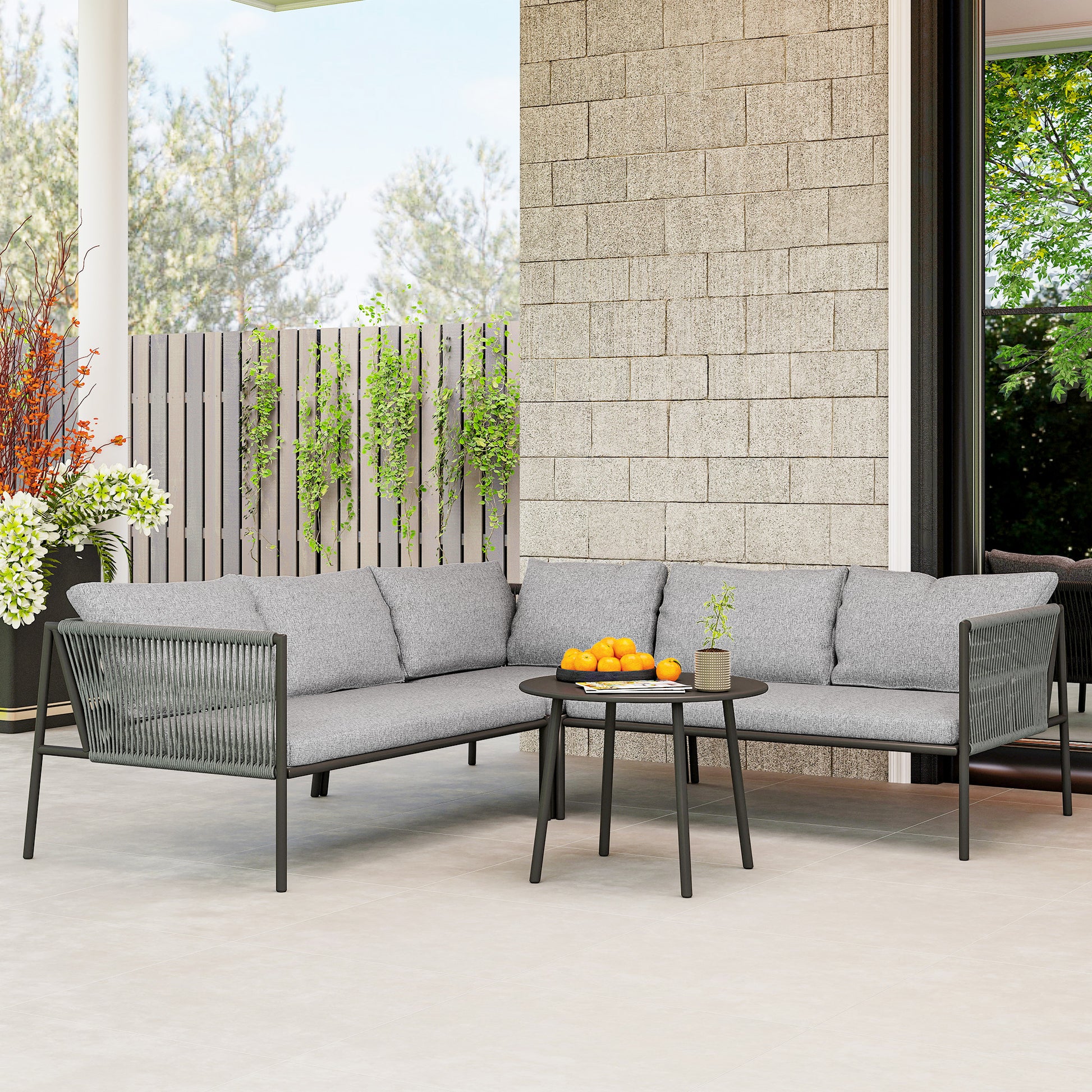 Garden Furniture Set Polyrattan Lounge Set with Corner Sofa Table Cushions Weatherproof Seating Group for 6 Persons Outdoor Balcony Furniture Garden Lounge Terrace Furniture for Garden Balcony Dark Gray