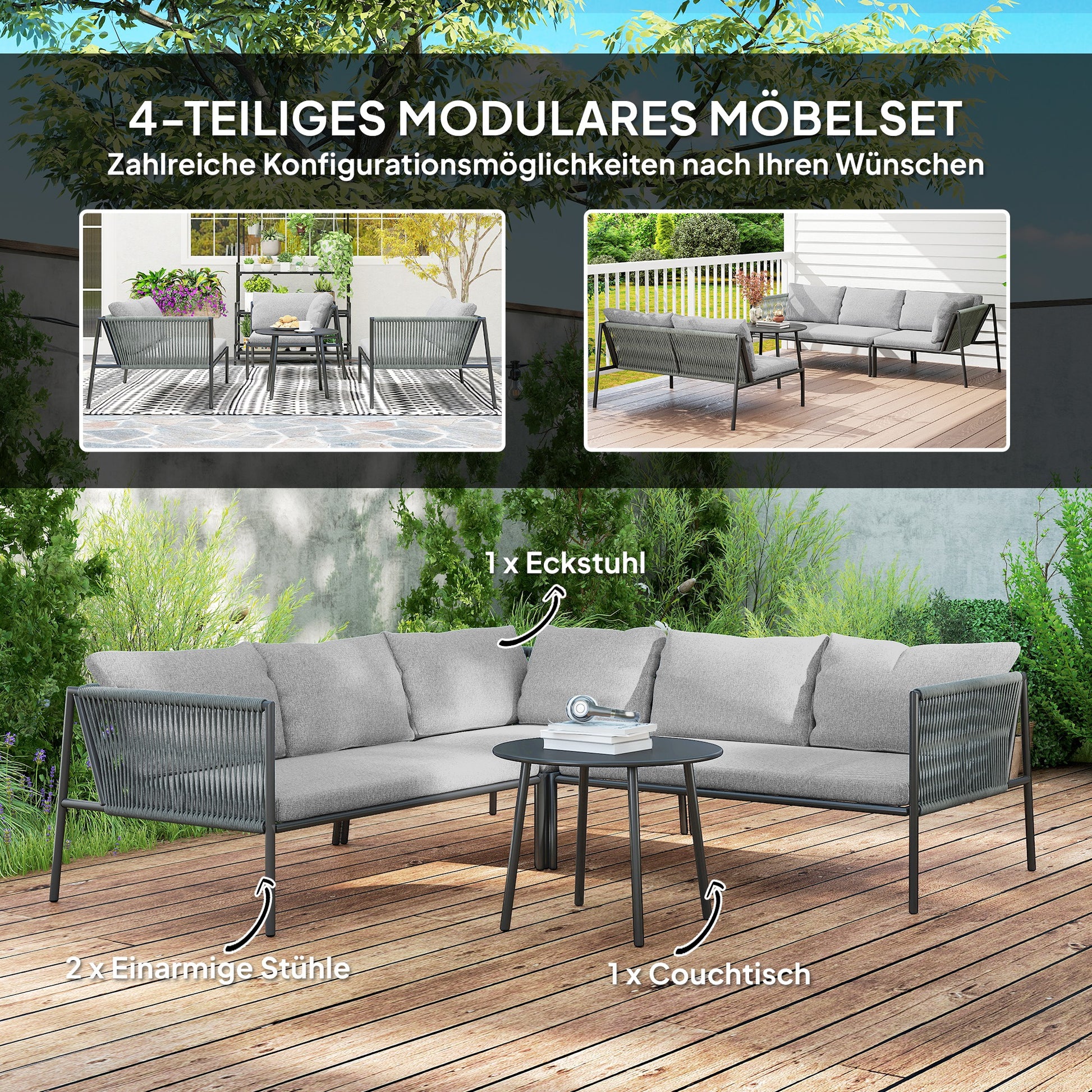 Garden Furniture Set Polyrattan Lounge Set with Corner Sofa Table Cushions Weatherproof Seating Group for 6 Persons Outdoor Balcony Furniture Garden Lounge Terrace Furniture for Garden Balcony Dark Gray