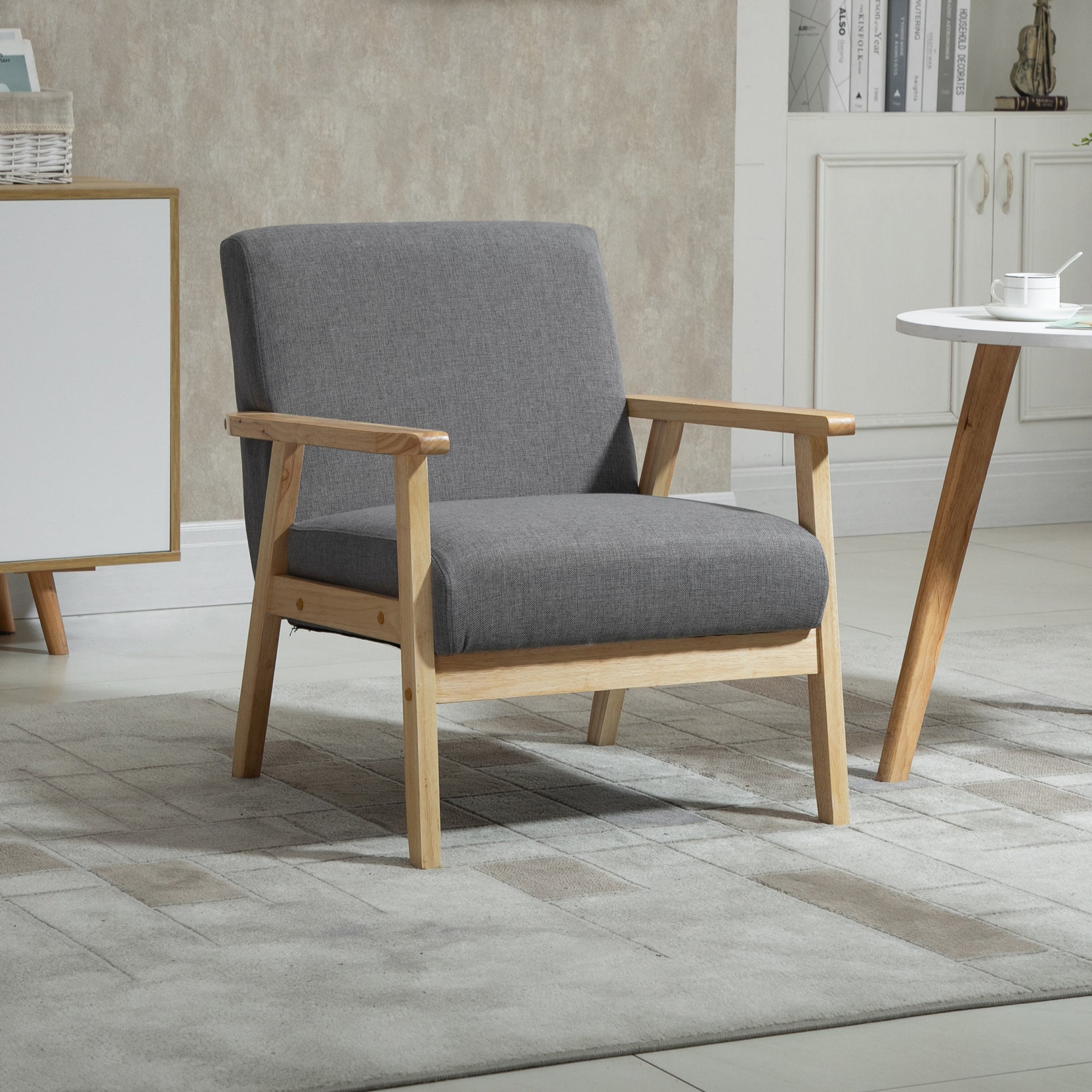 Chair Living Room Lounge Chair Armchair Relax Chair with Solid Wood Legs, Reading Chair with Linen Look, Upholstered Chair for Bedroom Study, Gray