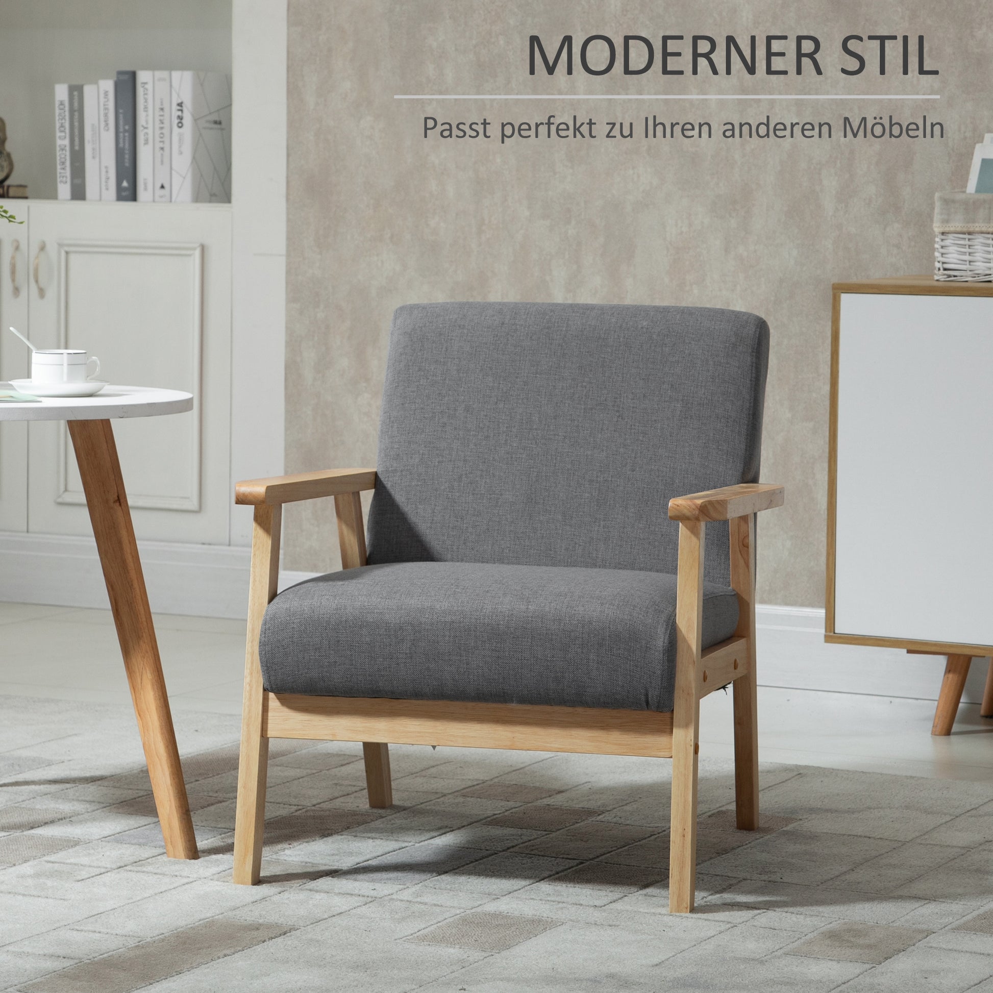 Chair Living Room Lounge Chair Armchair Relax Chair with Solid Wood Legs, Reading Chair with Linen Look, Upholstered Chair for Bedroom Study, Gray