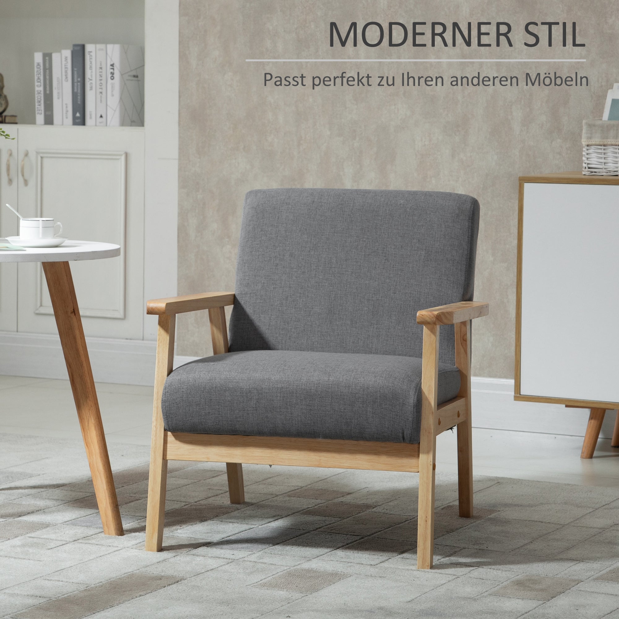 Chair Living Room Lounge Chair Armchair Relax Chair with Solid Wood Legs, Reading Chair with Linen Look, Upholstered Chair for Bedroom Study, Gray