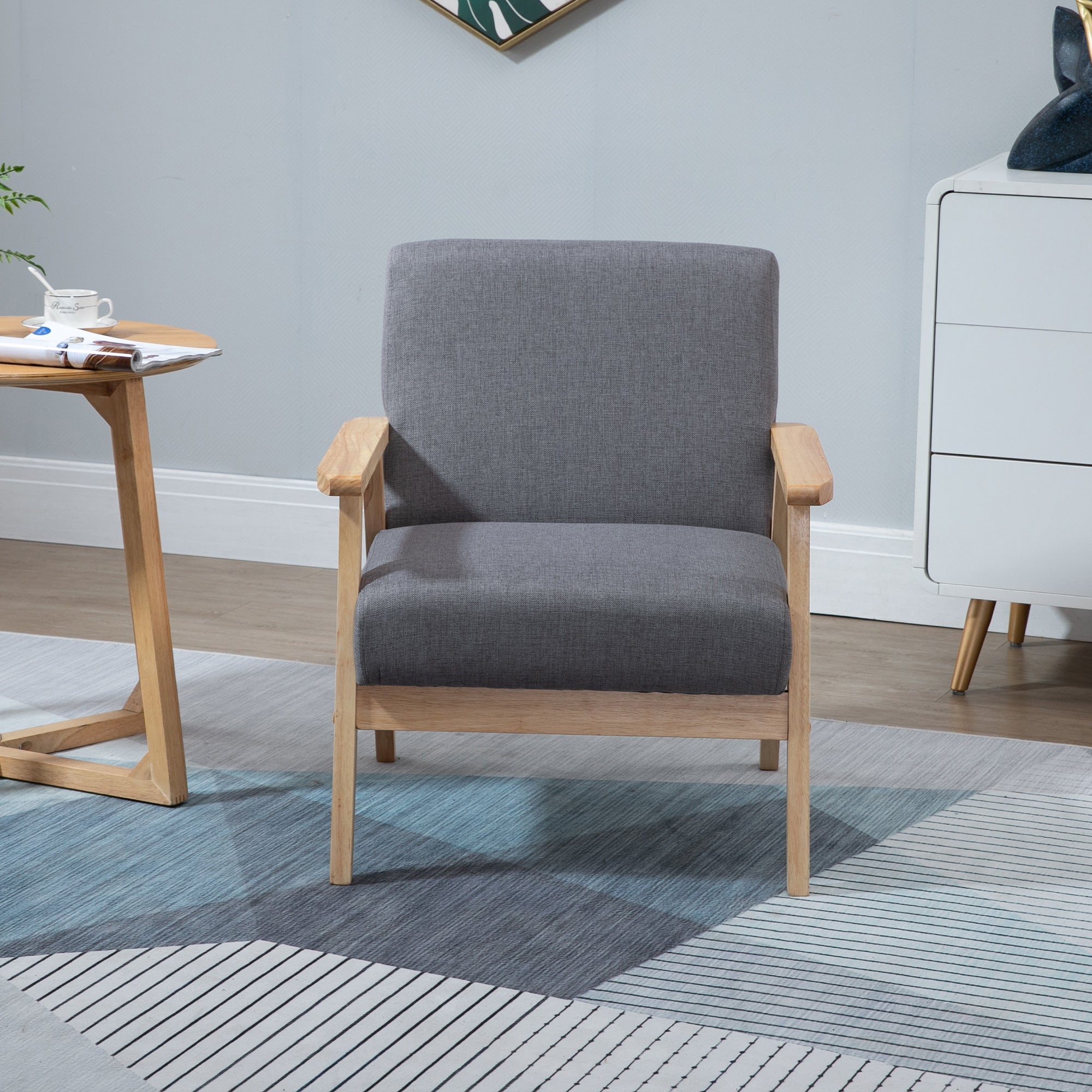 Chair Living Room Lounge Chair Armchair Relax Chair with Solid Wood Legs, Reading Chair with Linen Look, Upholstered Chair for Bedroom Study, Gray