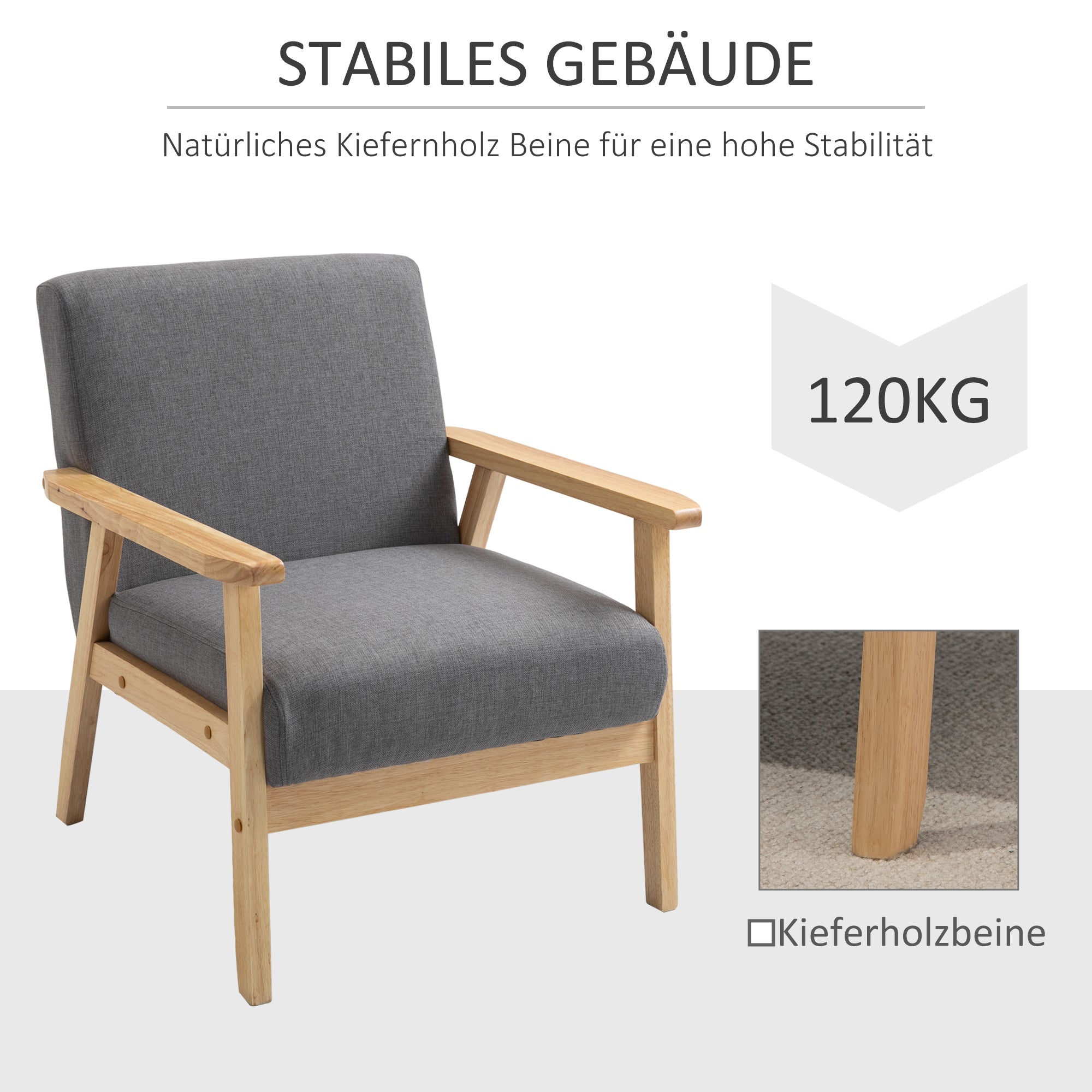 Chair Living Room Lounge Chair Armchair Relax Chair with Solid Wood Legs, Reading Chair with Linen Look, Upholstered Chair for Bedroom Study, Gray