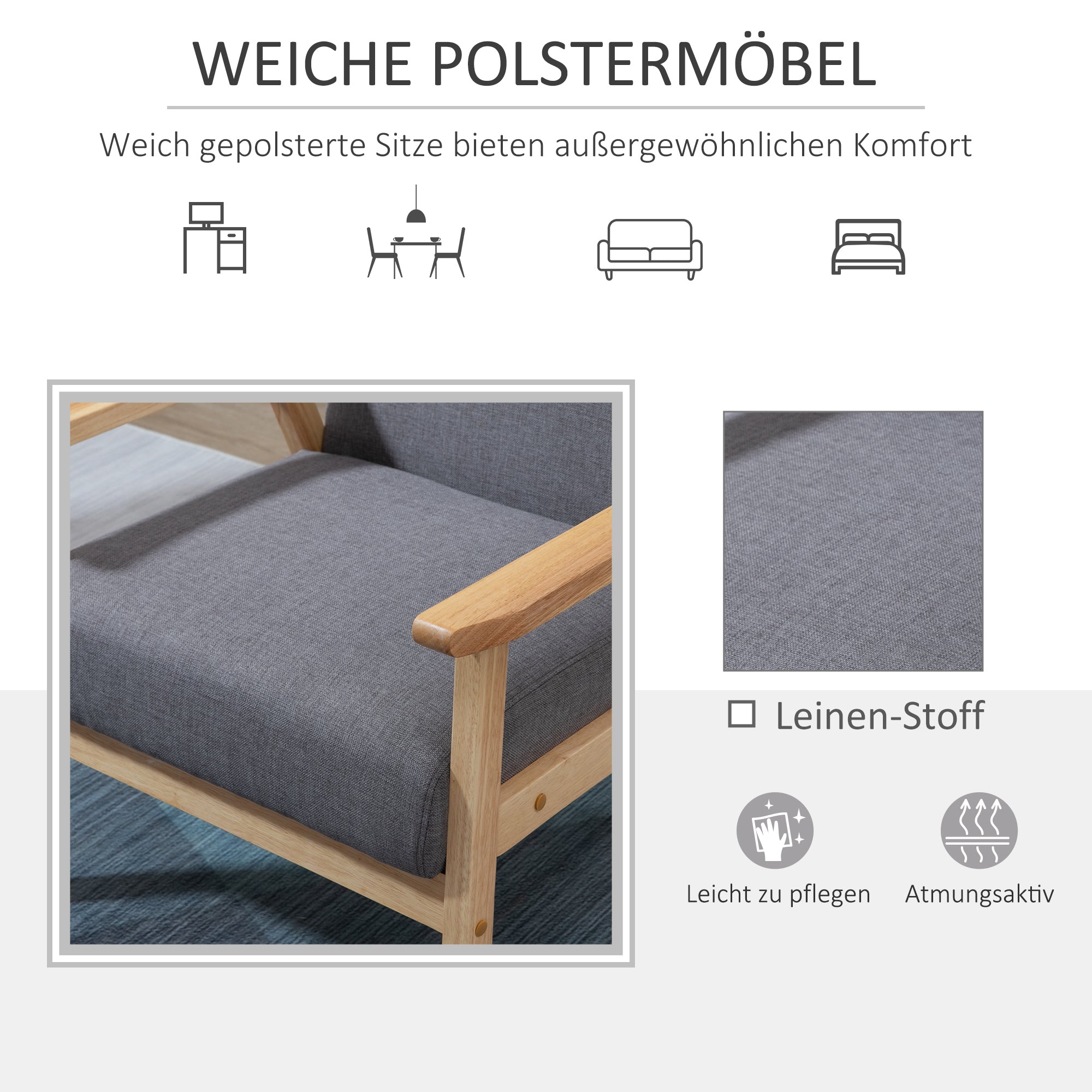 Chair Living Room Lounge Chair Armchair Relax Chair with Solid Wood Legs, Reading Chair with Linen Look, Upholstered Chair for Bedroom Study, Gray