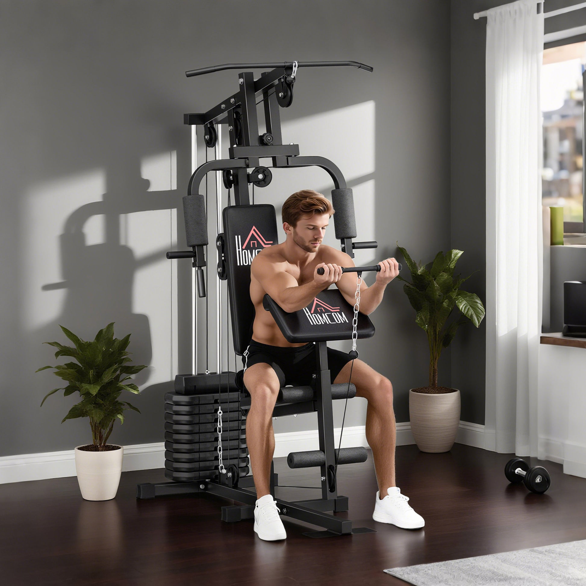 Multi-Station Muscle Building Machine with 45 kg Weight Plates Max Load 100 kg for Fitness Training at Home Gym Black