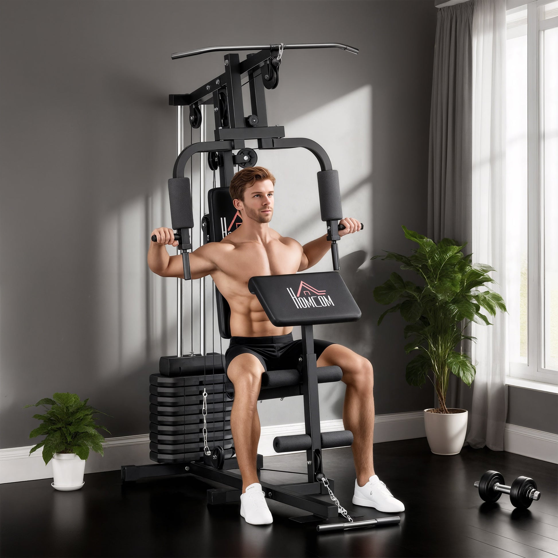 Multi-Station Muscle Building Machine with 45 kg Weight Plates Max Load 100 kg for Fitness Training at Home Gym Black