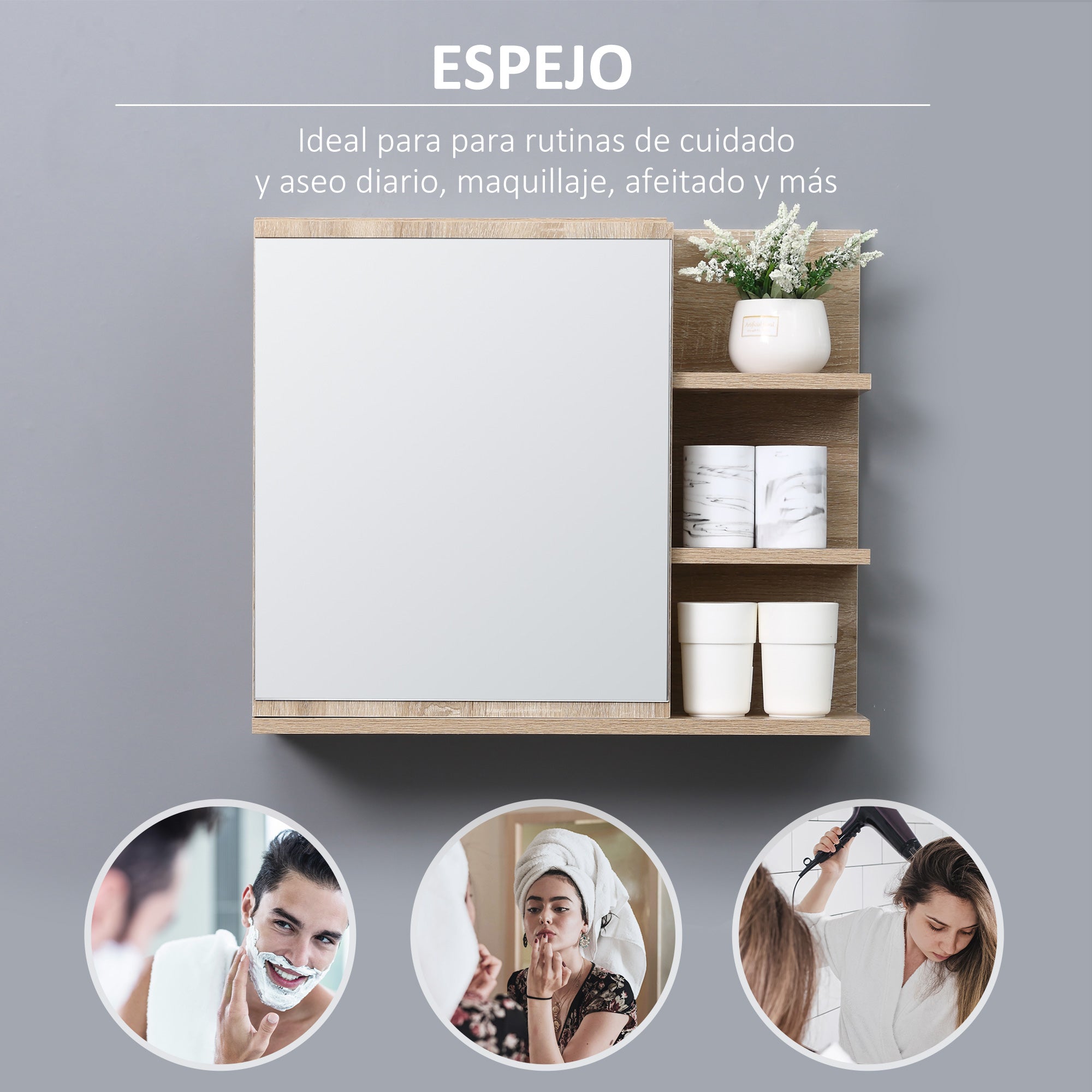 Bathroom Cabinet with Mirror Bathroom Mirror Cabinet with 3 Open Shelves and 1 Interior Shelf Modern Style 60x18x50 cm Natural