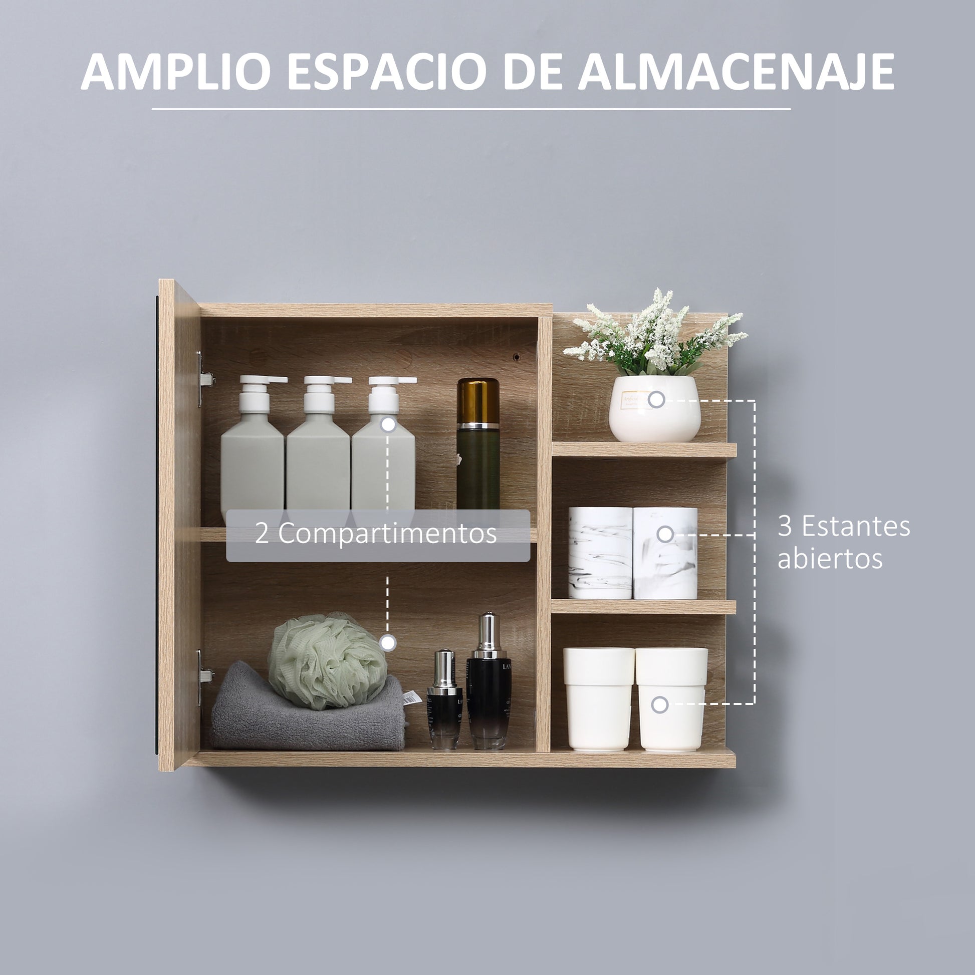 Bathroom Cabinet with Mirror Bathroom Mirror Cabinet with 3 Open Shelves and 1 Interior Shelf Modern Style 60x18x50 cm Natural