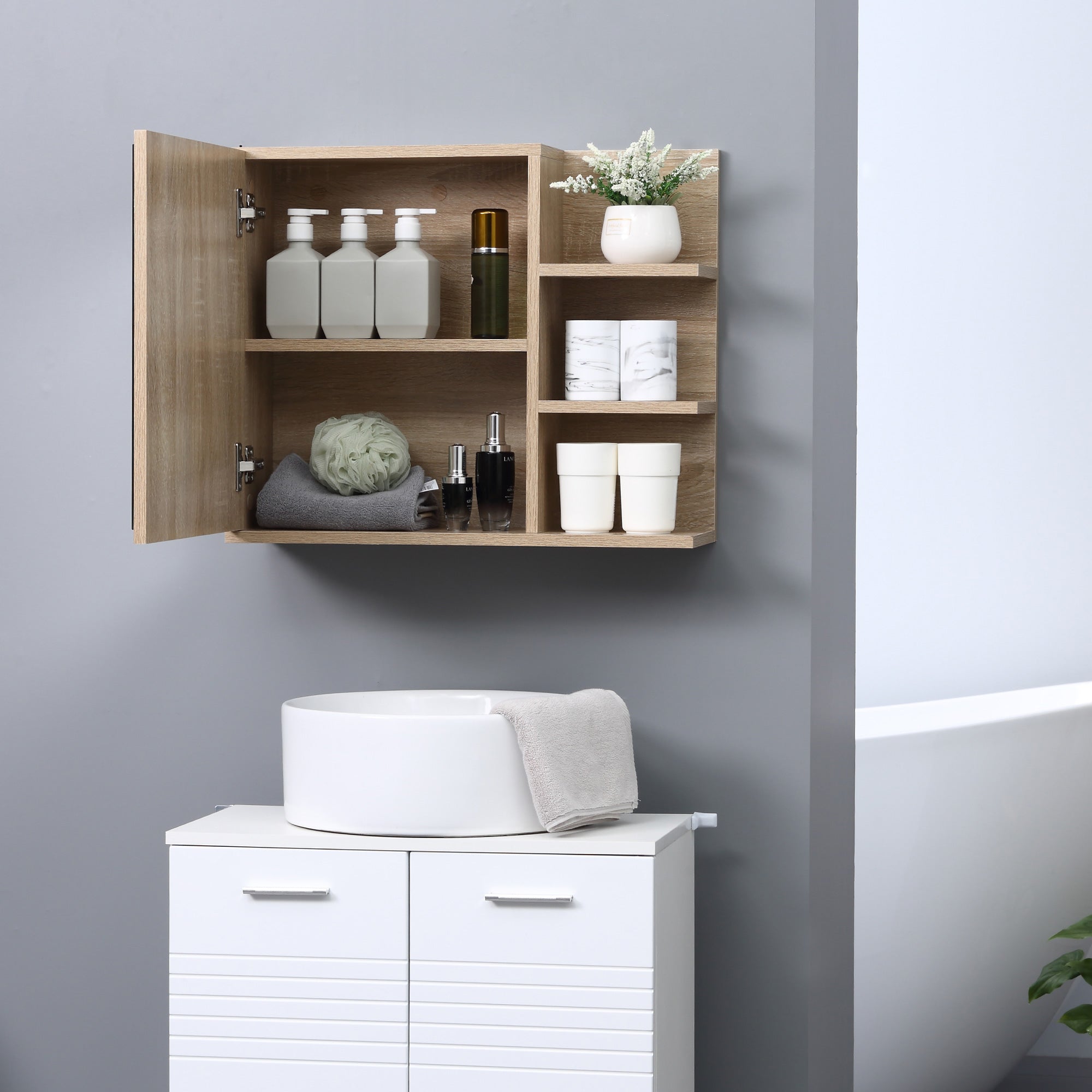 Bathroom Cabinet with Mirror Bathroom Mirror Cabinet with 3 Open Shelves and 1 Interior Shelf Modern Style 60x18x50 cm Natural