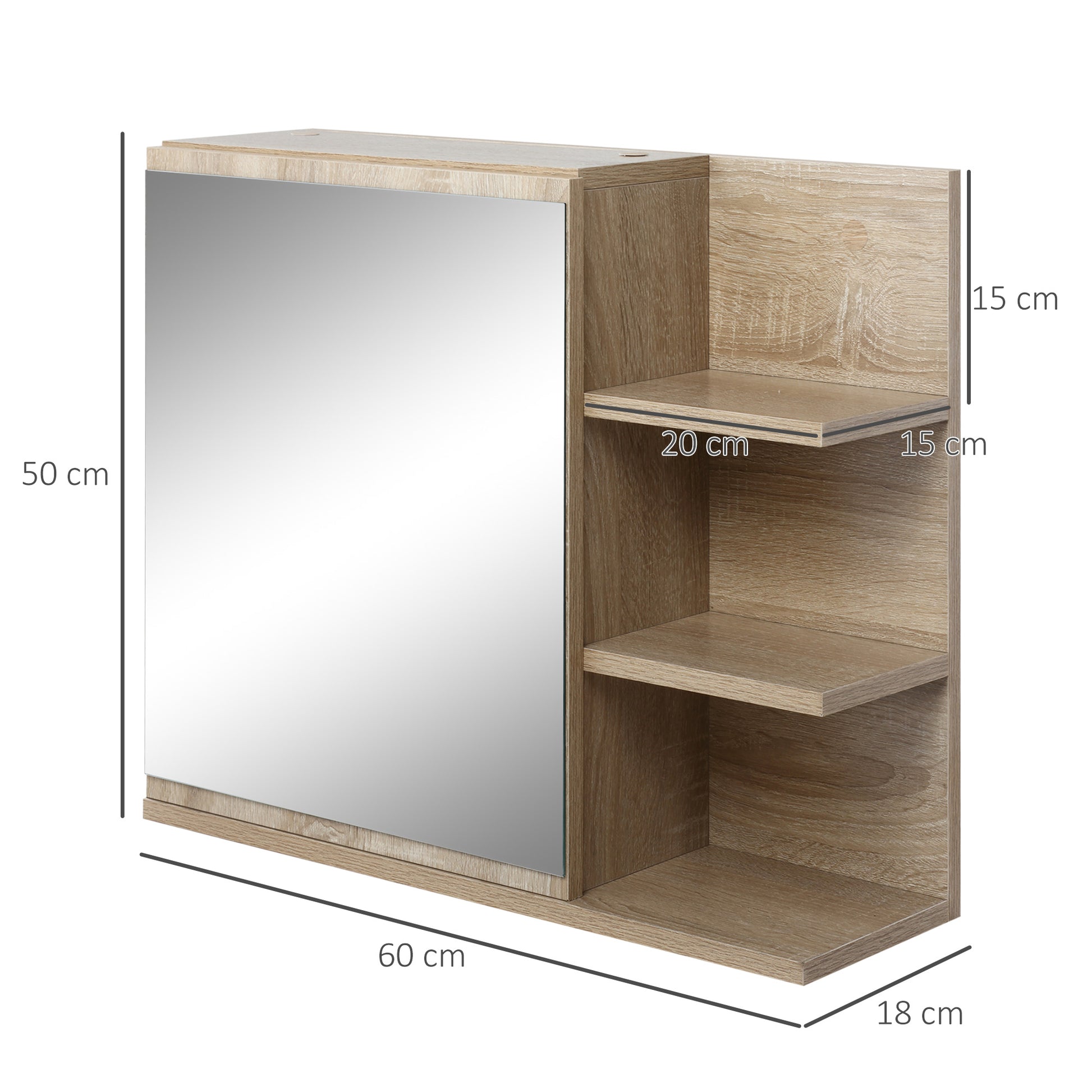 Bathroom Cabinet with Mirror Bathroom Mirror Cabinet with 3 Open Shelves and 1 Interior Shelf Modern Style 60x18x50 cm Natural