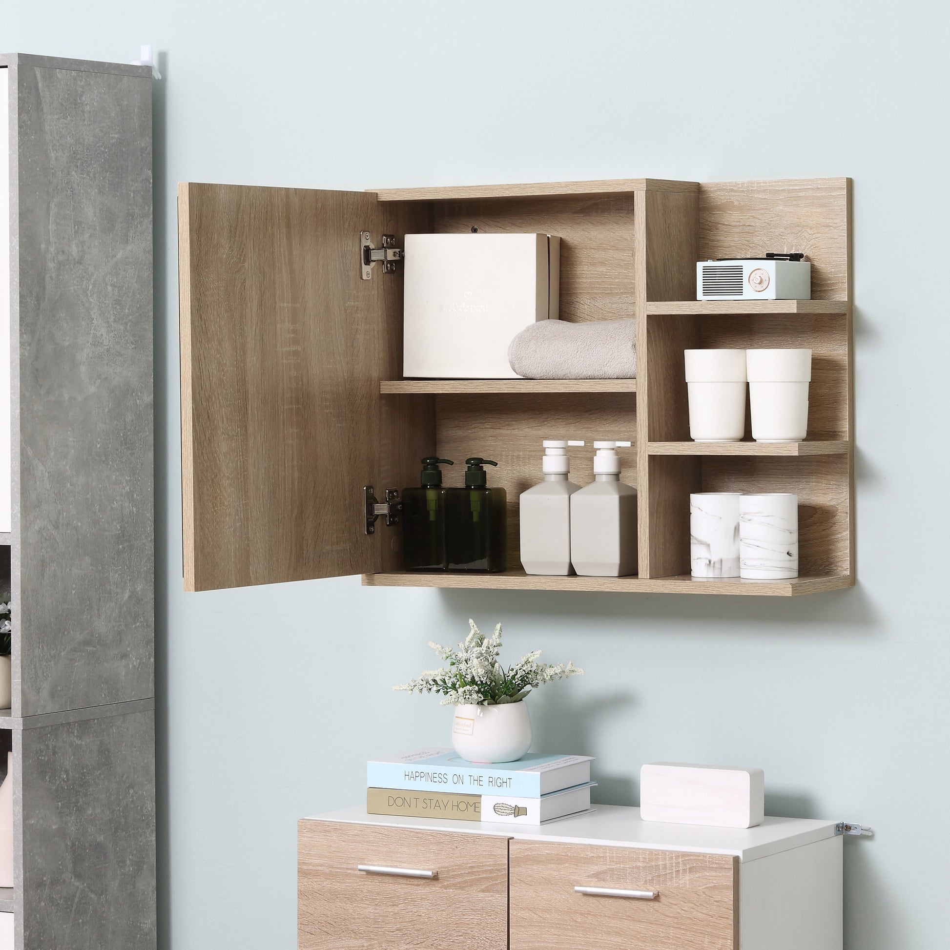 Bathroom Cabinet with Mirror Bathroom Mirror Cabinet with 3 Open Shelves and 1 Interior Shelf Modern Style 60x18x50 cm Natural