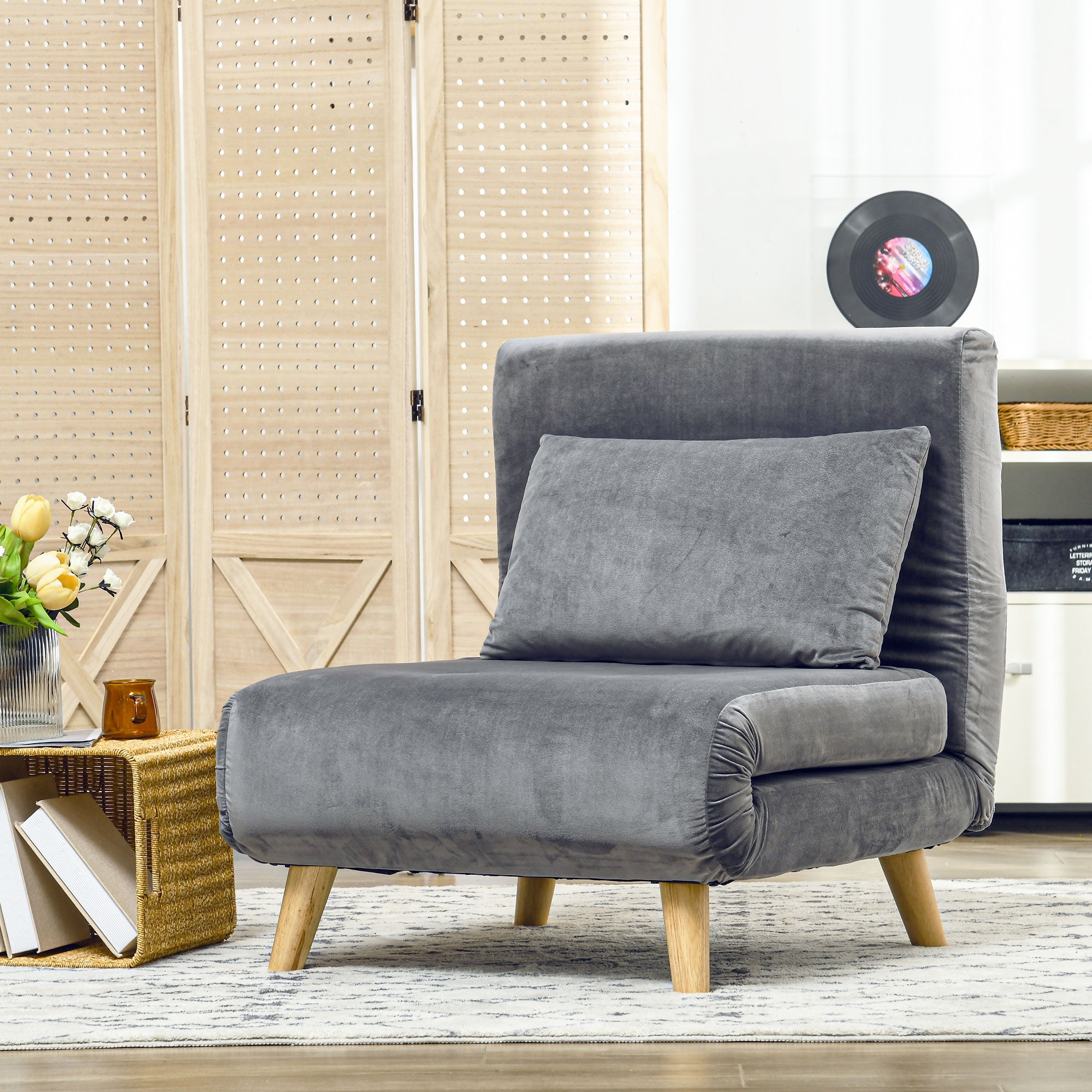 3-in-1 sleeper chair, sofa bed with sleeping function, lumbar pillow, foldable recliner with adjustable backrest, chaise lounge in velvet look, for living room, Gray