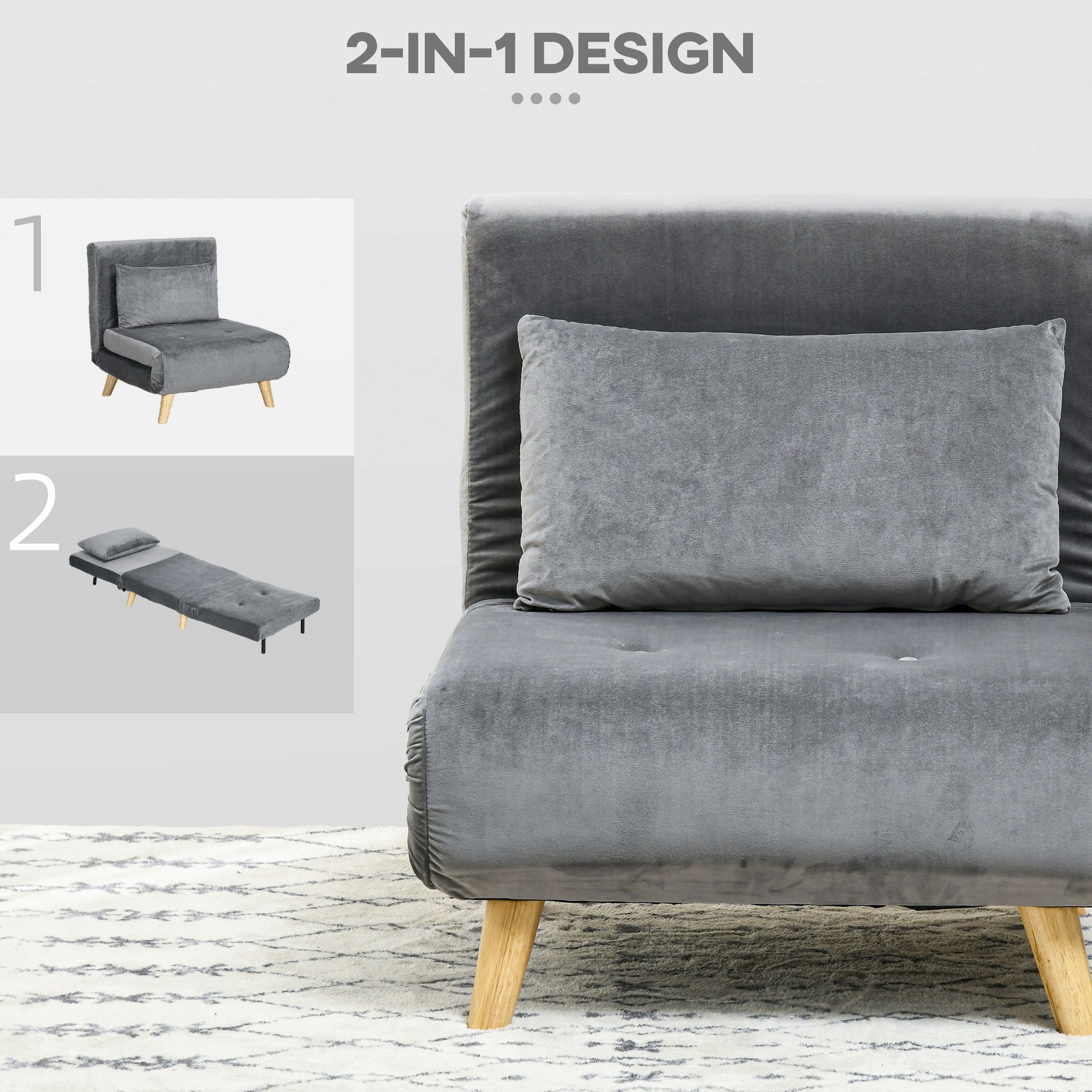 3-in-1 sleeper chair, sofa bed with sleeping function, lumbar pillow, foldable recliner with adjustable backrest, chaise lounge in velvet look, for living room, Gray