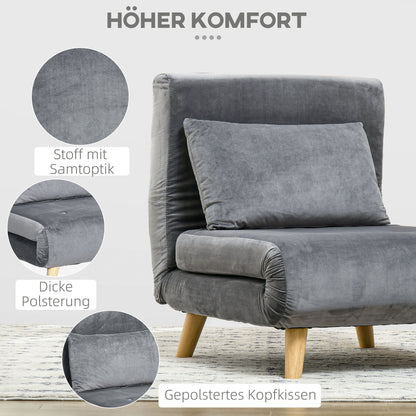 3-in-1 sleeper chair, sofa bed with sleeping function, lumbar pillow, foldable recliner with adjustable backrest, chaise lounge in velvet look, for living room, Gray