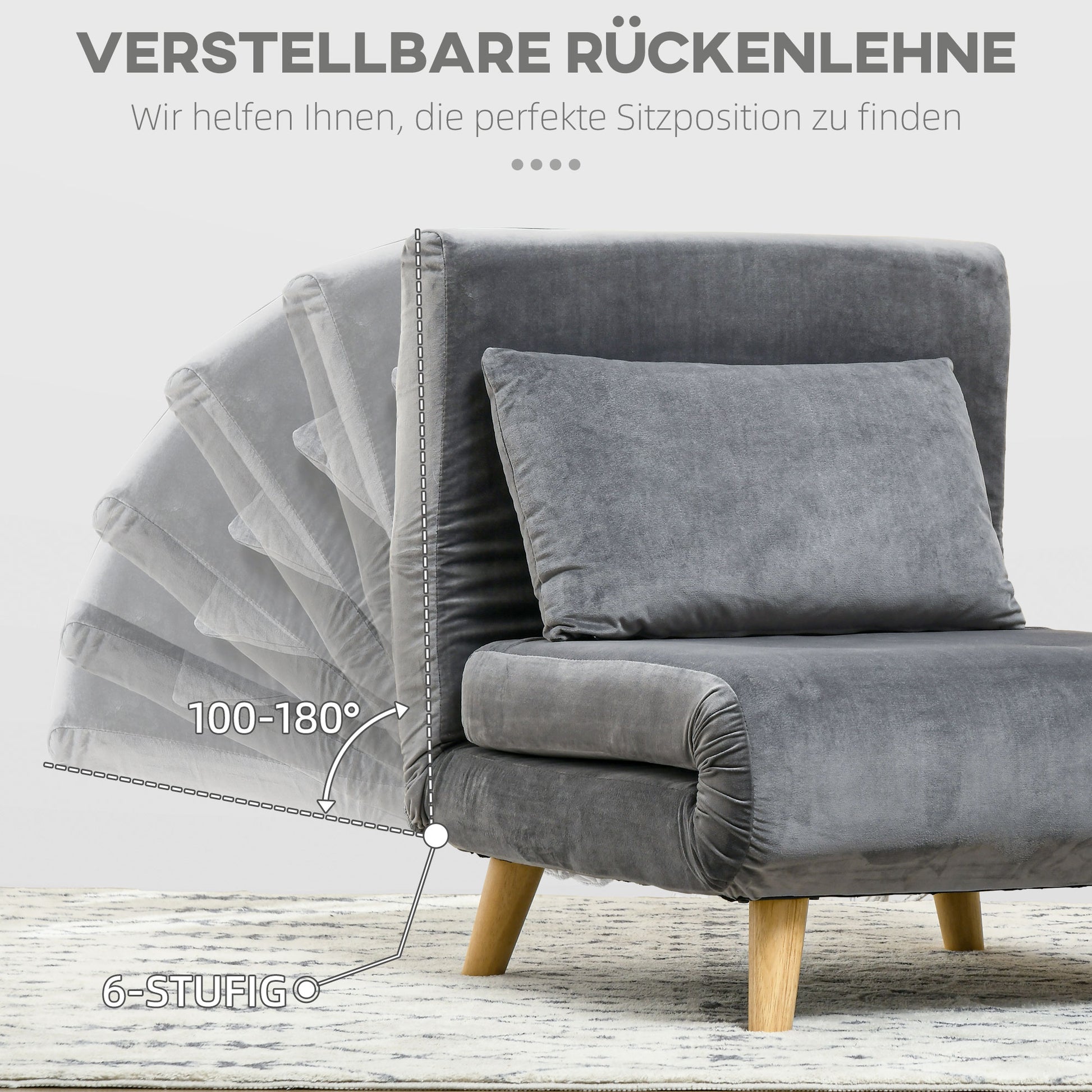 3-in-1 sleeper chair, sofa bed with sleeping function, lumbar pillow, foldable recliner with adjustable backrest, chaise lounge in velvet look, for living room, Gray