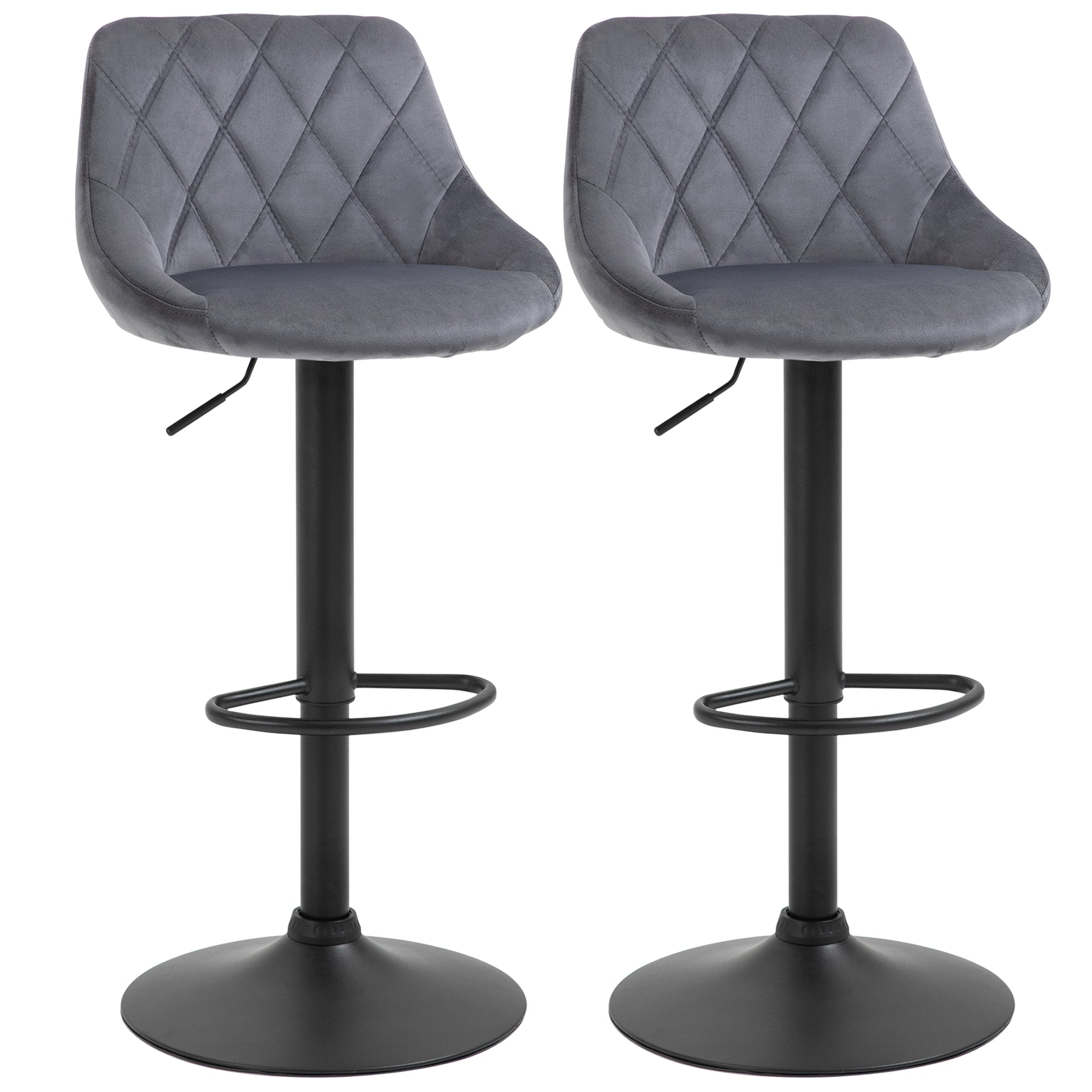 Set of 2 Bar Stools with Adjustable Height, Metal Base and Faux Leather Seat, Modern Swivel Barstools with Backrest and Footrest 46x48x83-104cm, Grey and Black