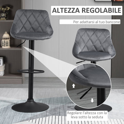 Set of 2 Bar Stools with Adjustable Height, Metal Base and Faux Leather Seat, Modern Swivel Barstools with Backrest and Footrest 46x48x83-104cm, Grey and Black