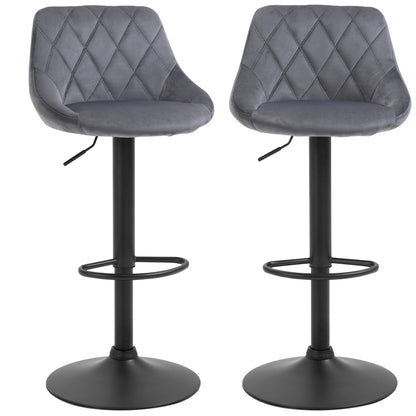 Set of 2 Bar Stools with Adjustable Height, Metal Base and Faux Leather Seat, Modern Swivel Barstools with Backrest and Footrest 46x48x83-104cm, Grey and Black