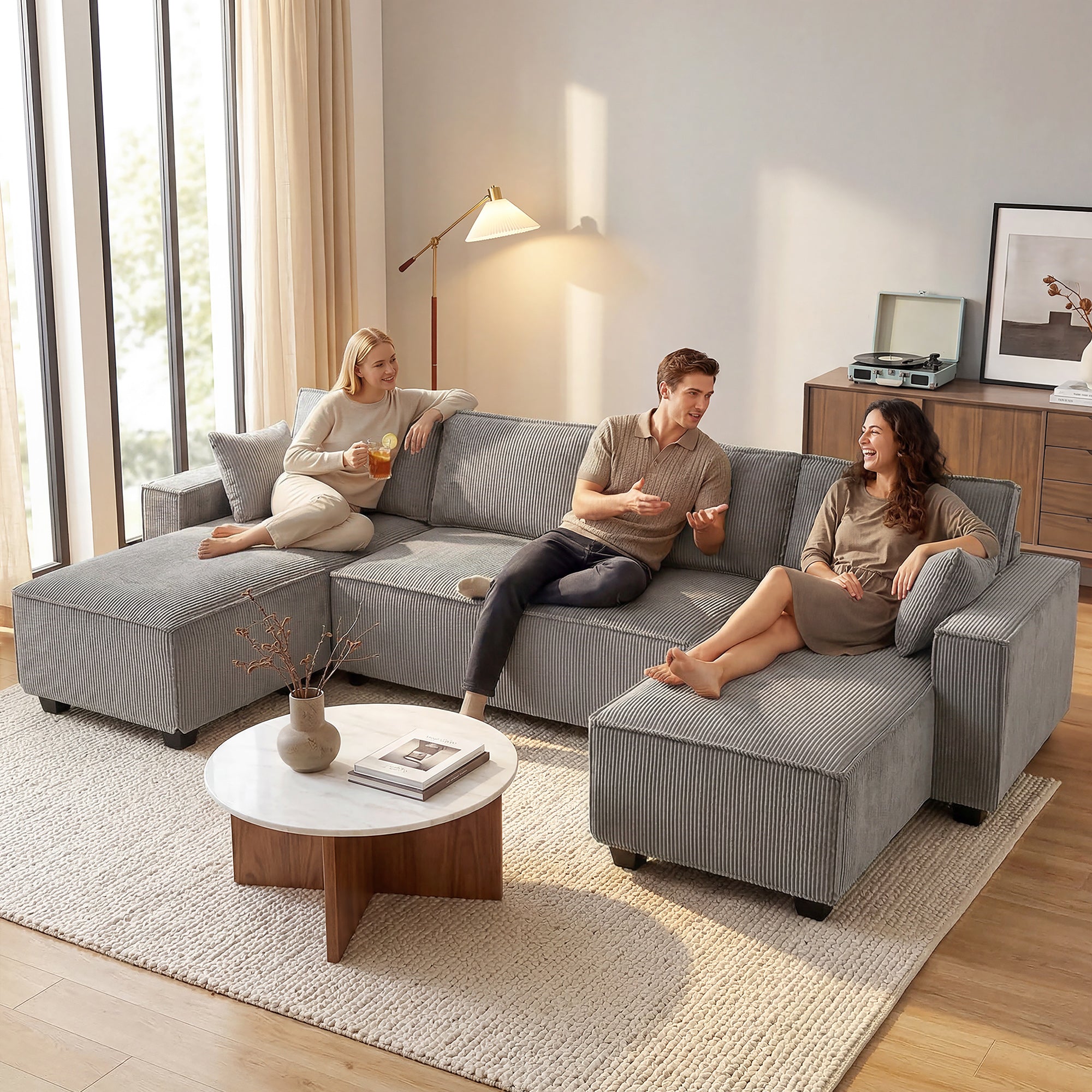 Corner Sectional 311 cm with Double Chaises, U-Shaped Corduroy Sofa with Wide Deep Seats, Pocket Spring Cushions, Wide Armrests, 4-Seater Living Room Sofa, Light Gray