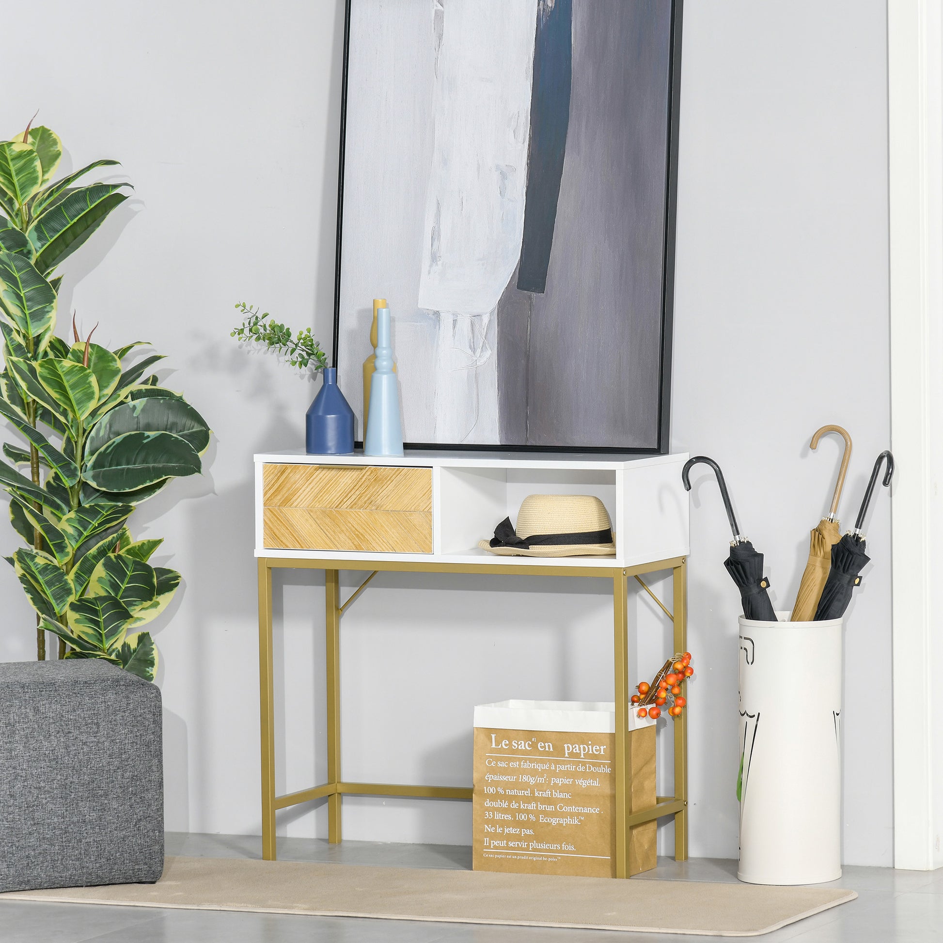 Entryway Console Table Modern Style with Drawer and Open Shelf for Hallway 31.5x11.8x31.7 inches White and Gold