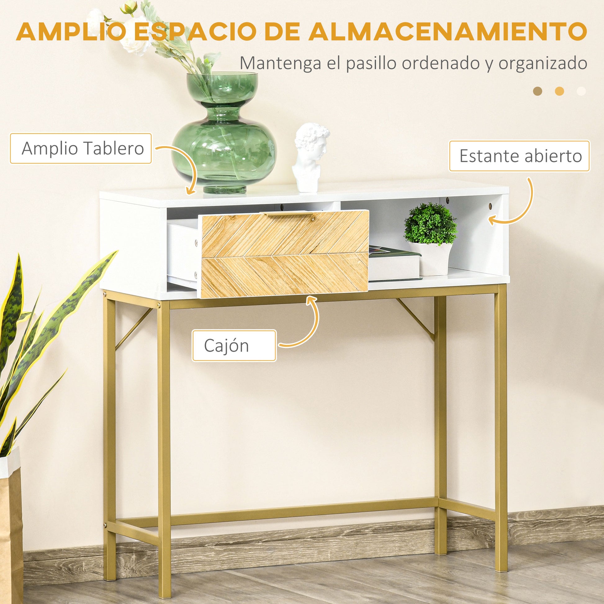 Entryway Console Table Modern Style with Drawer and Open Shelf for Hallway 31.5x11.8x31.7 inches White and Gold