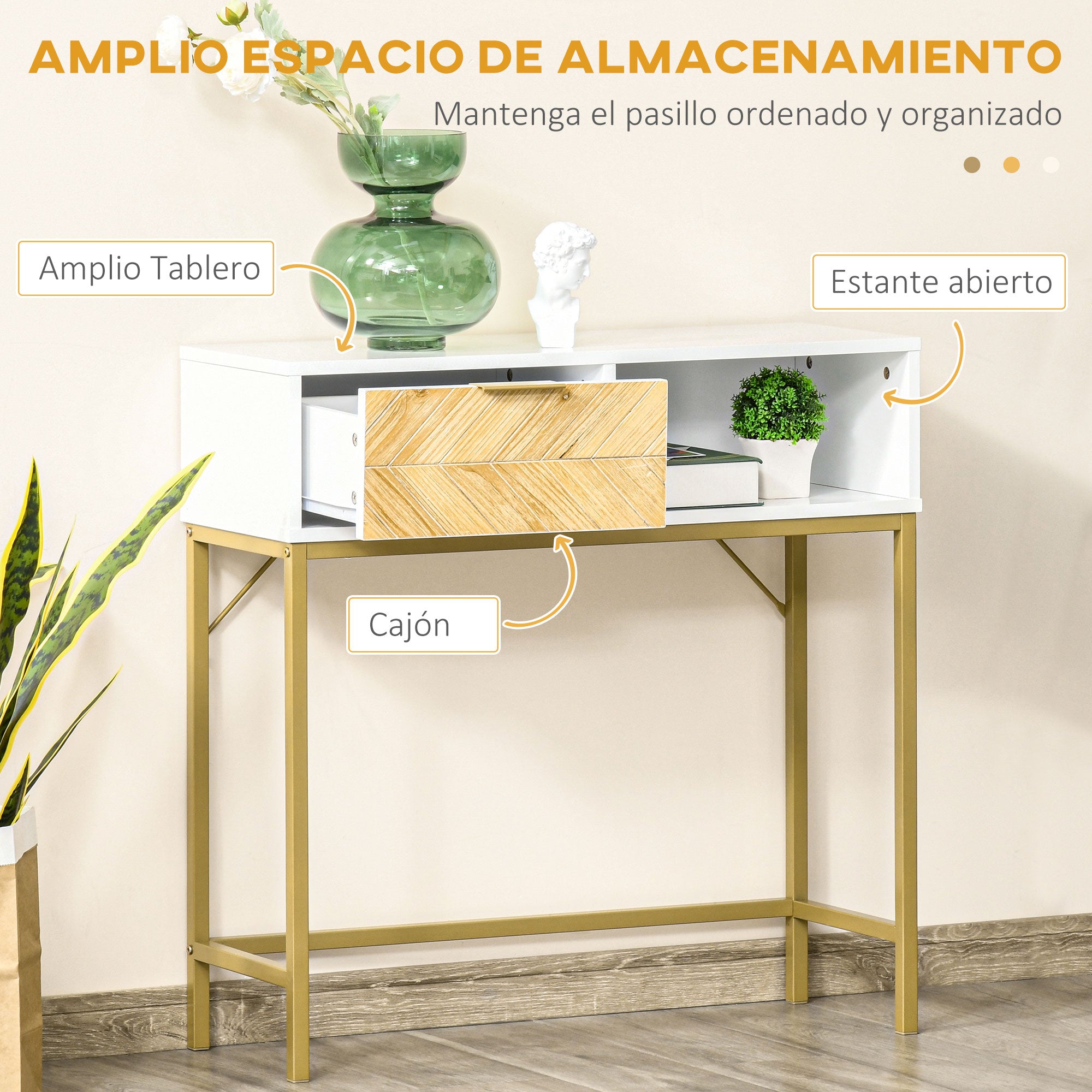 Entryway Console Table Modern Style with Drawer and Open Shelf for Hallway 31.5x11.8x31.7 inches White and Gold