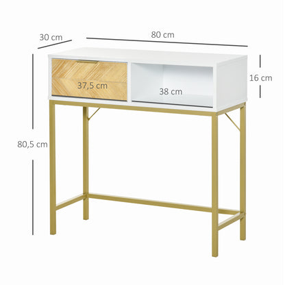 Entryway Console Table Modern Style with Drawer and Open Shelf for Hallway 31.5x11.8x31.7 inches White and Gold