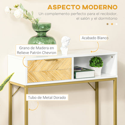 Entryway Console Table Modern Style with Drawer and Open Shelf for Hallway 31.5x11.8x31.7 inches White and Gold