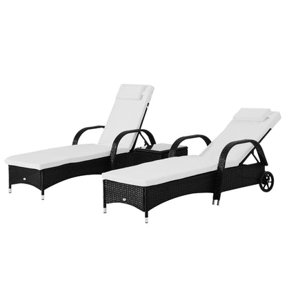 Sun Lounger Garden Lounger Table 3-Piece Set Garden Furniture, Poly Rattan+Metal Black+Cream White